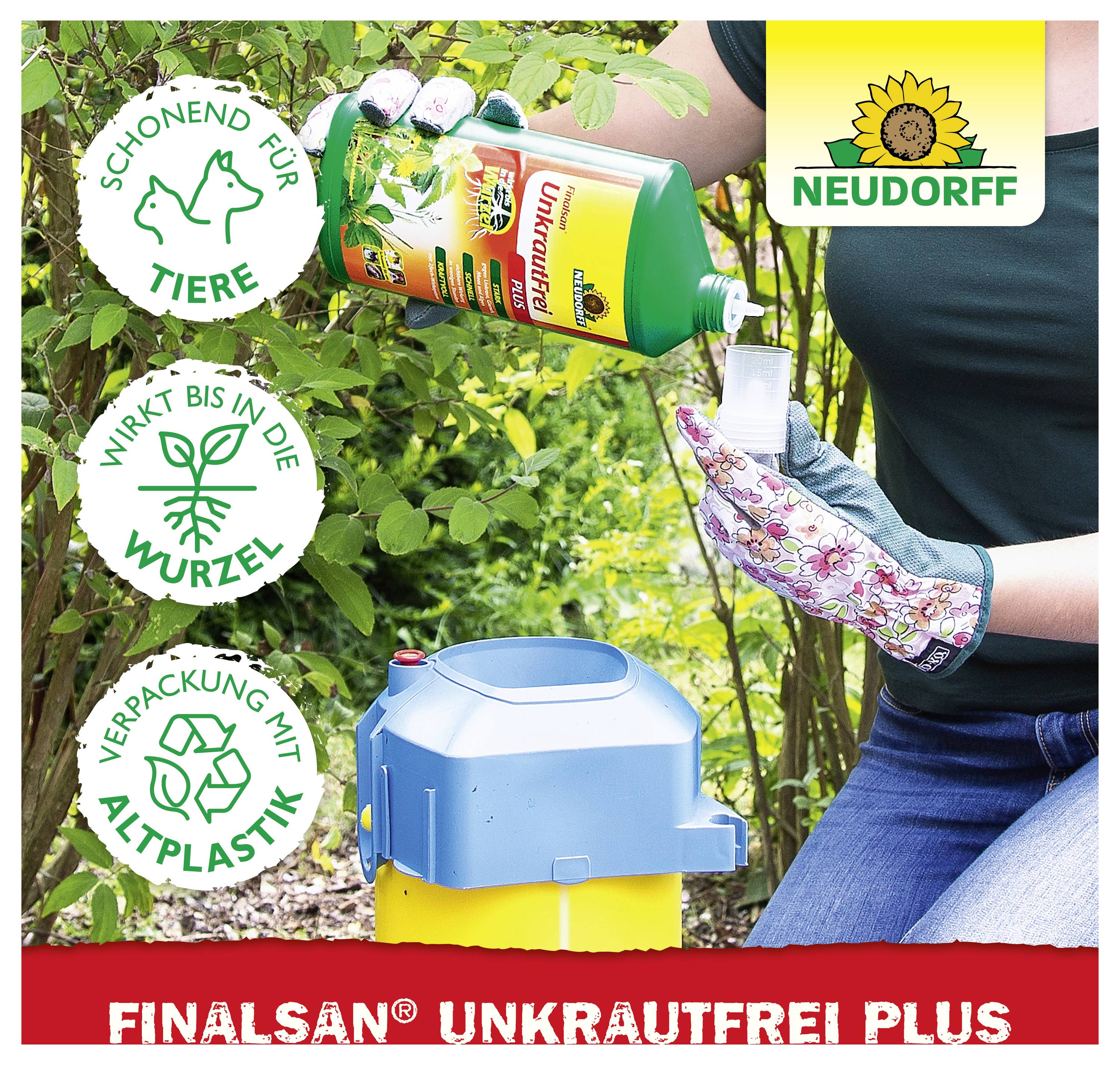 Werbung für Neudorff Finalsan UnkrautFrei Plus: Frau trägt Handschuhe und gießt Mittel auf Unkraut; Hinweise 'schonend für Tiere', 'wirkt bis in die Wurzel', 'Verpackung mit Altplastik'.
