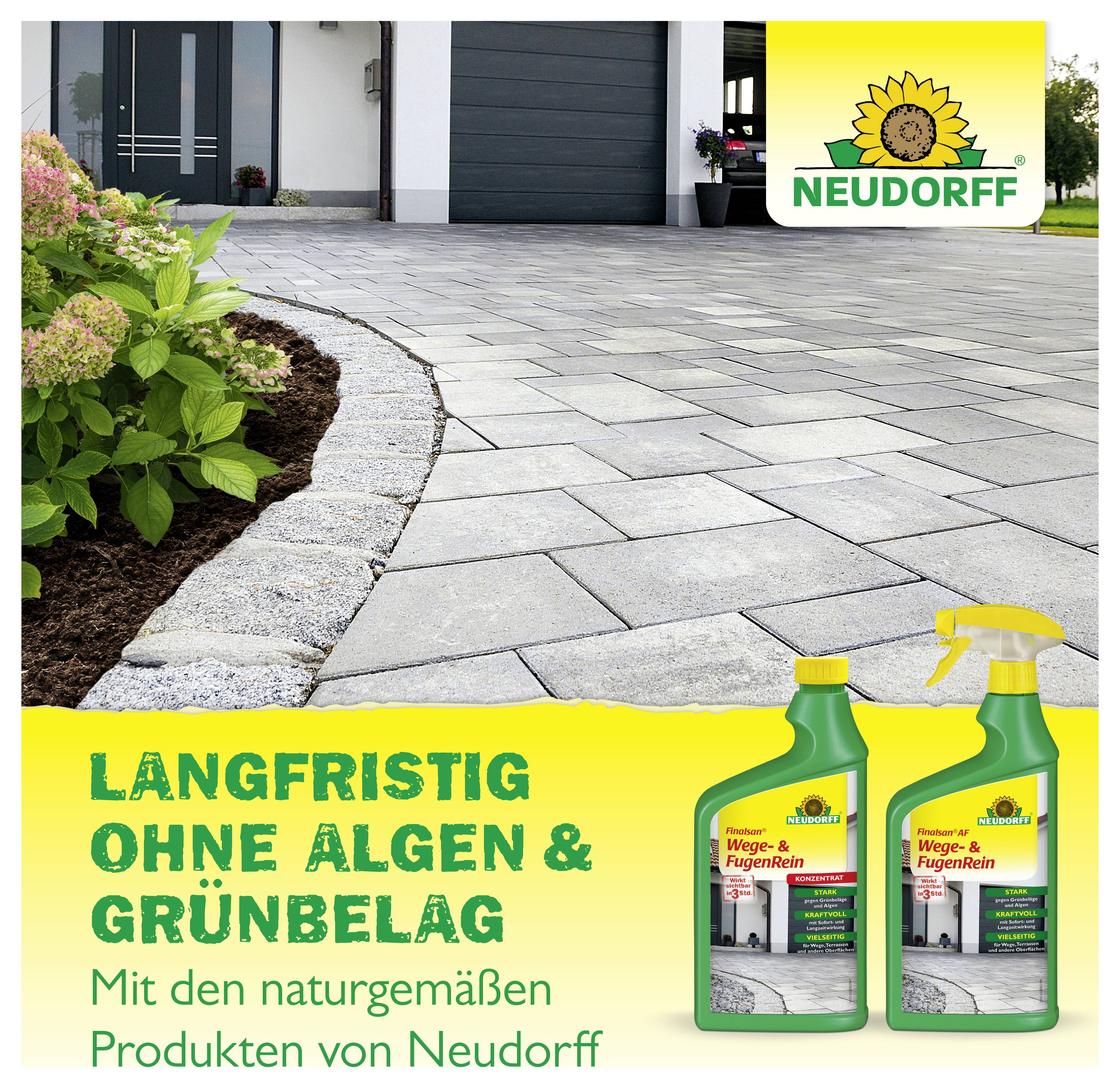 Werbung für Neudorff: Zwei Reinigungsmittel gegen 'Algen & Grünbelag' für Wege und Fugen, mit Pflasterfläche und Hauszufahrt im Hintergrund.