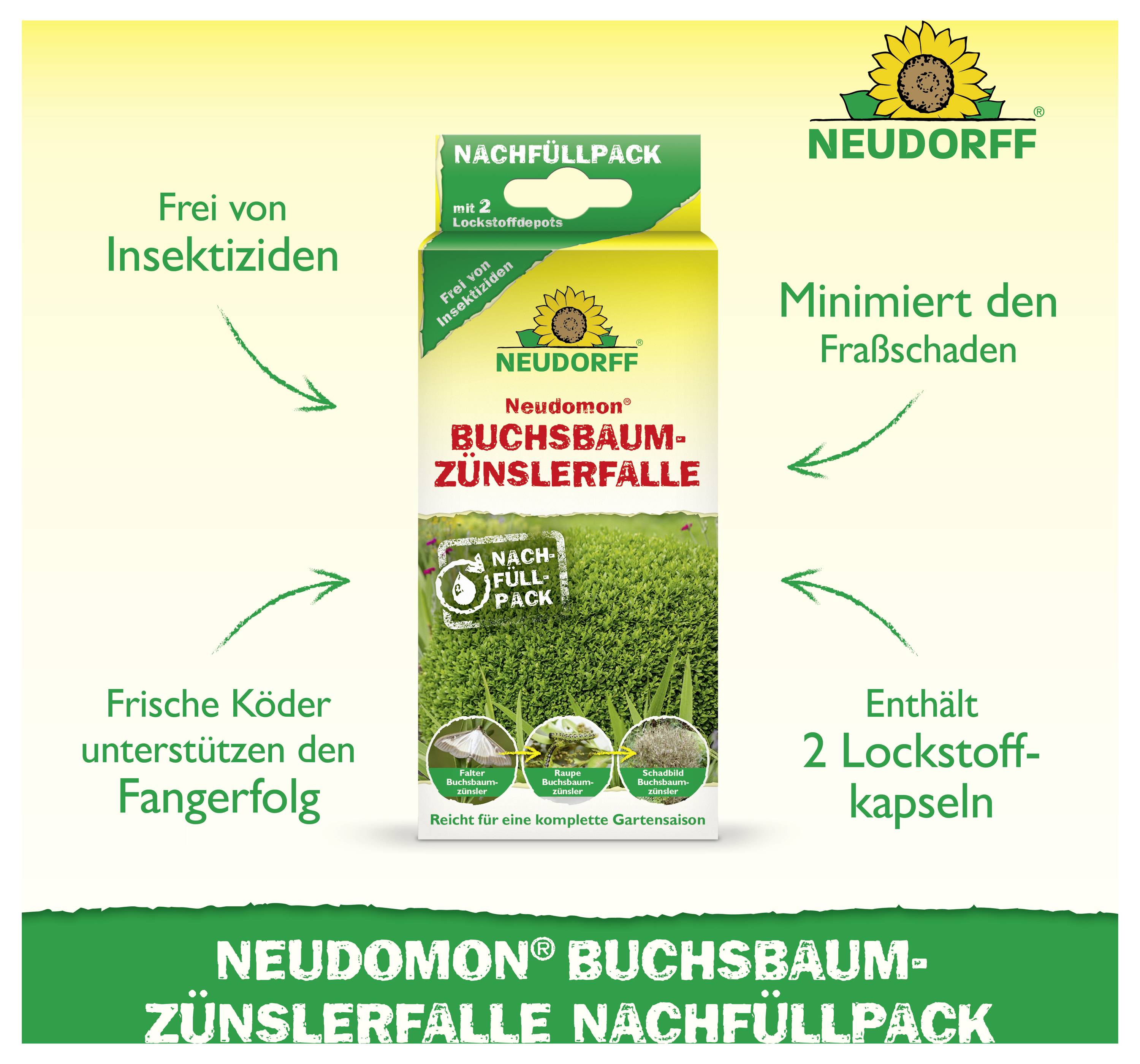 Produktabbildung eines NEUDORFF Neudomon Buchsbaum-Zünslerfalle-Nachfüllpacks mit 2 Lockstoffkapseln; verspricht frei von Insektiziden und minimiert Fraßschaden.