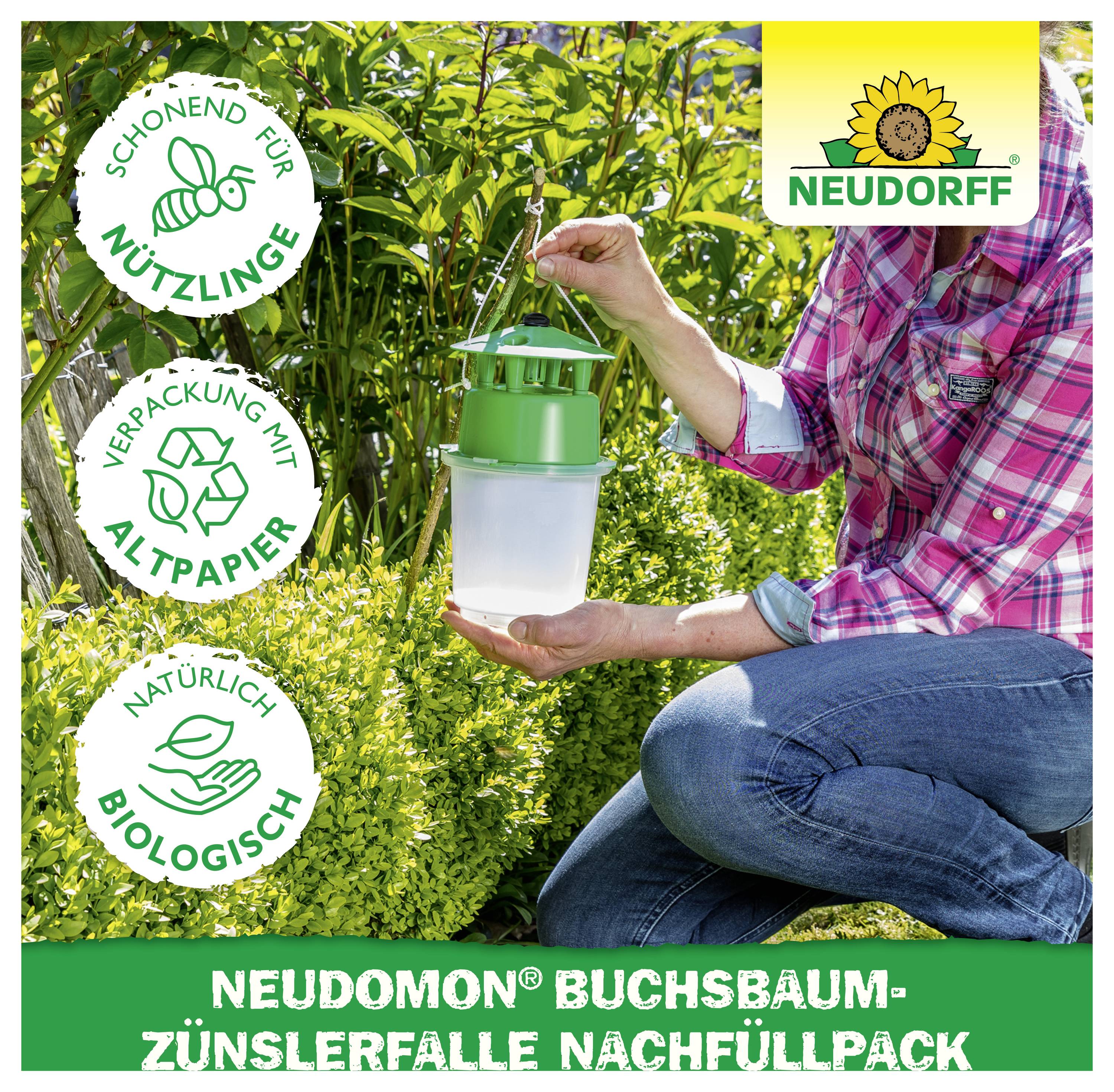 Neudorff-Neudomon Buchsbaum-Zünslerfalle Nachfüllpack mit grüner Insektenfalle; Hinweise: schonend für Nützlinge, Verpackung mit Altpapier, natürlich-biologisch.