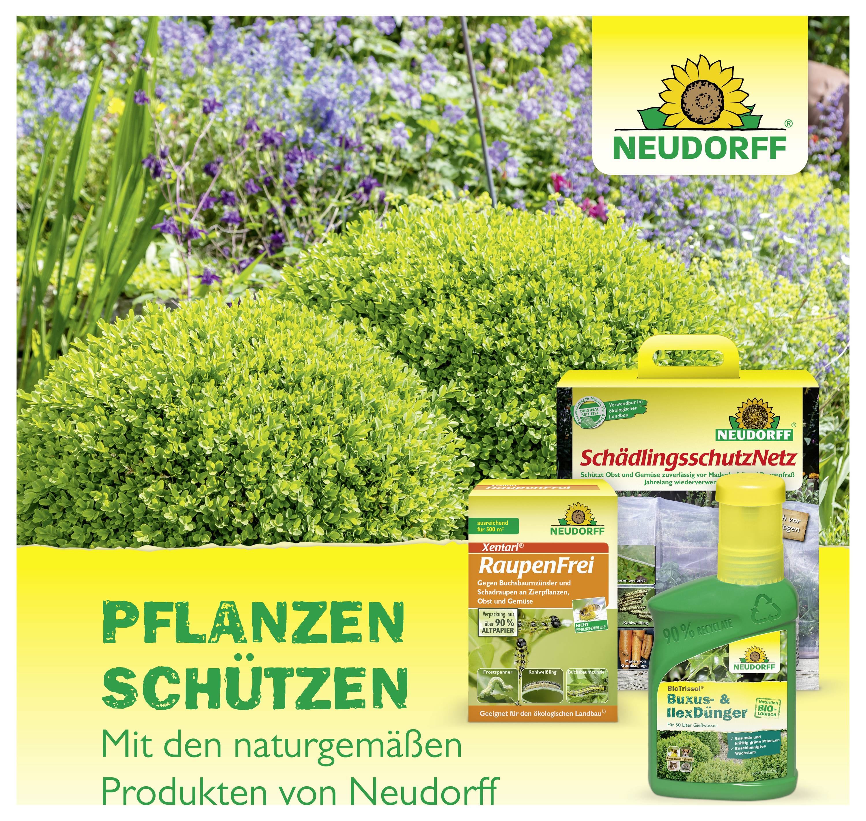 Neudorff wirbt für naturnahe Pflanzenschutzprodukte mit Gartenszene, Produkten und Text 'PFLANZEN SCHÜTZEN'.