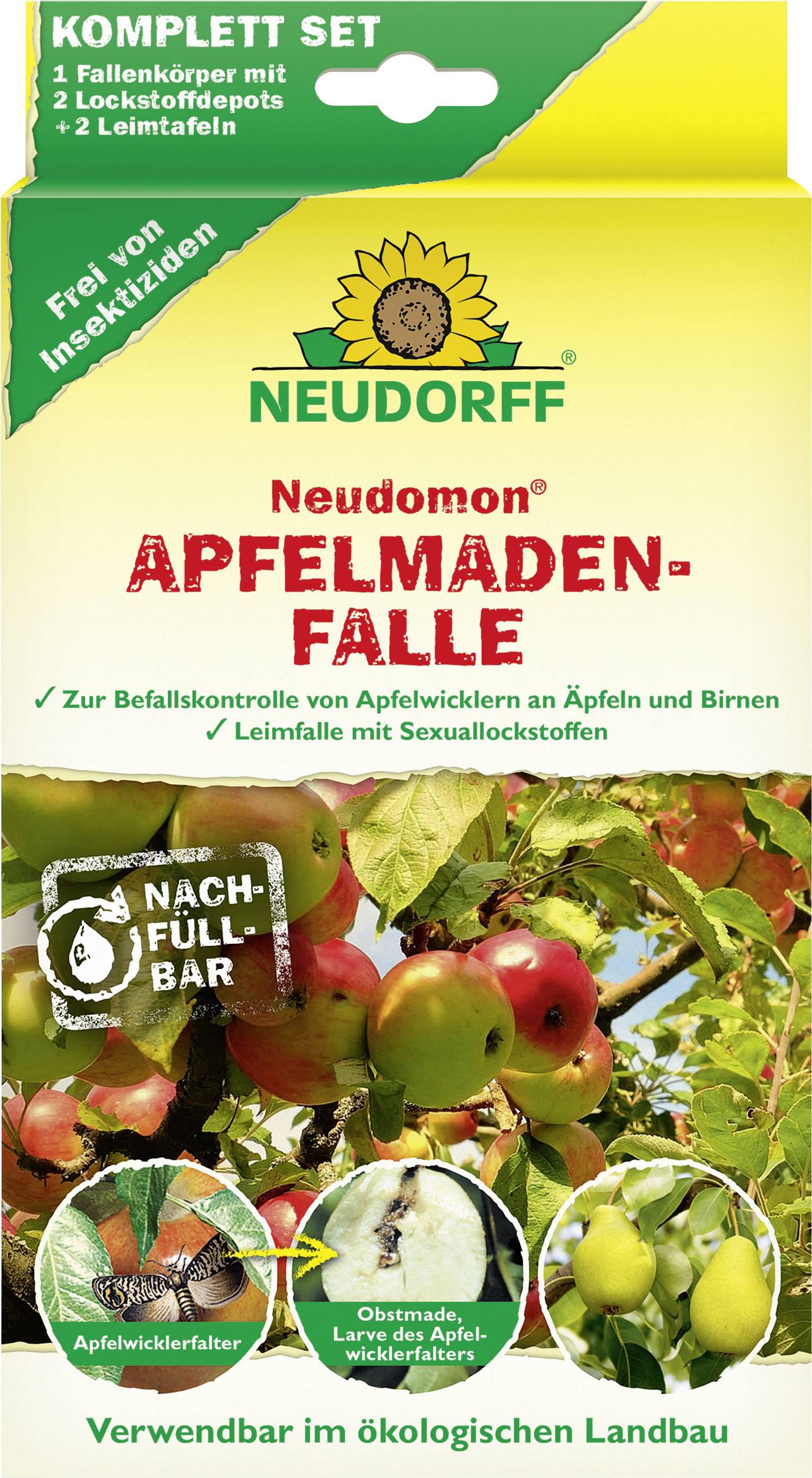 Ein Paket für die Neudomon-Apfelwicklerfalle mit nachfüllbaren Lockstoffen zur Bekämpfung von Apfelschädlingen. Geeignet für den ökologischen Landbau.