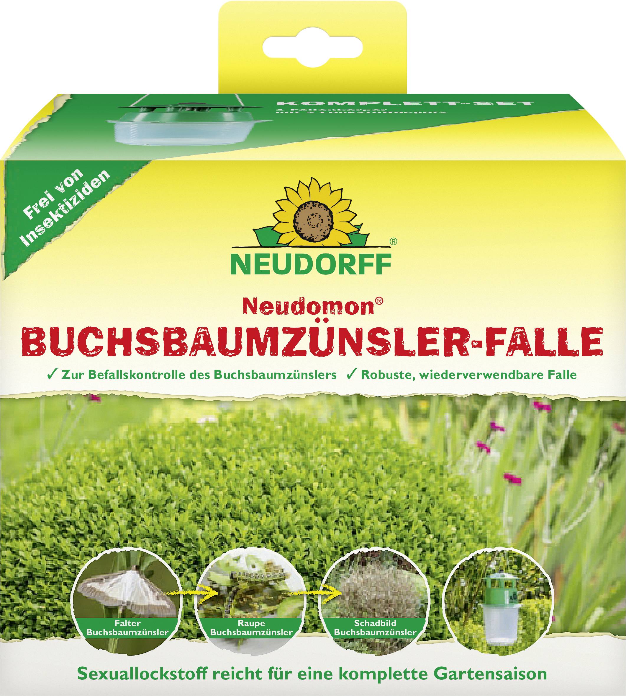 'Buchsbaumzünsler-Falle' Verpackung zeigt Fallen für den Buchsbaumzünsler. Enthält Text: 'Zur Befallskontrolle des Buchsbaumzünslers'.