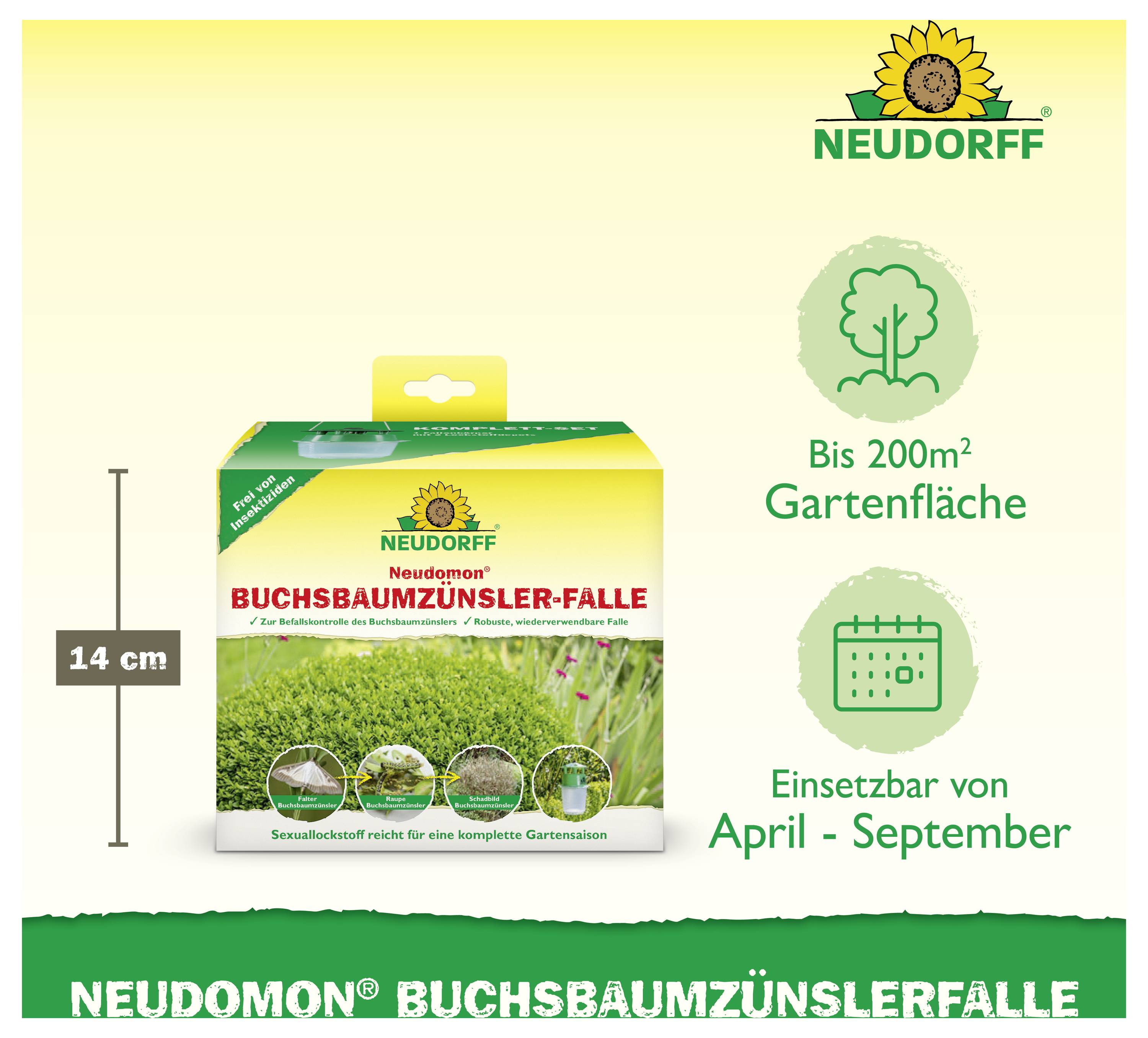 Verpackung der Neudorff Neudomon Buchsbaumzünsler-Falle, links mit 14 cm Höhe, rechts Symbole für bis zu 200 m² Gartenfläche und Einsatz von April bis September.
