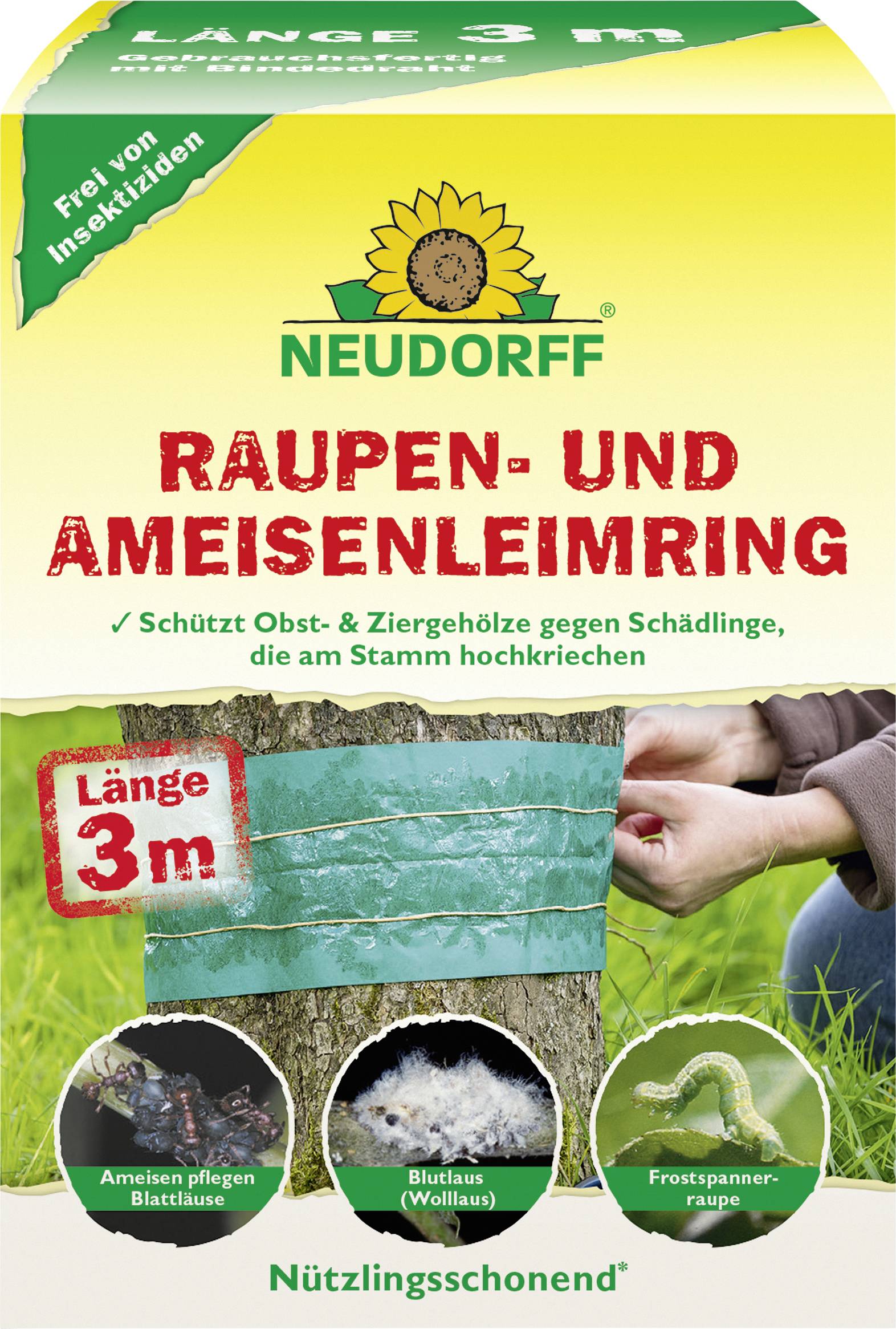 Verpackung eines 'Neudorff' Insektenschutzmittels für Bäume mit einer Länge von 3 Metern, auf dem sich ein Bild des Schutzgürtels auf einem Baumstamm befindet.
