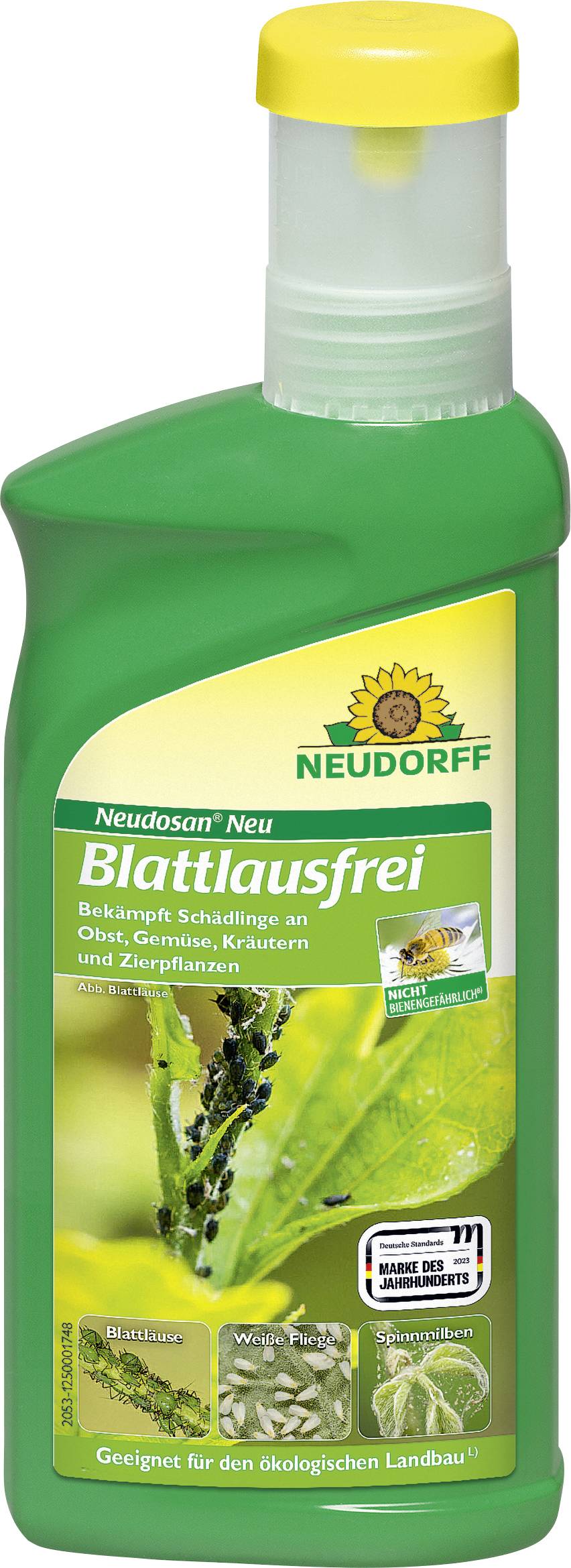 Grüne Flasche mit der Aufschrift 'Blattlausfrei', mit Bildern von Pflanzen und Schädlingen. Wird zur Kontrolle von Blattläusen an Obst, Gemüse, Kräutern und Zierpflanzen verwendet.