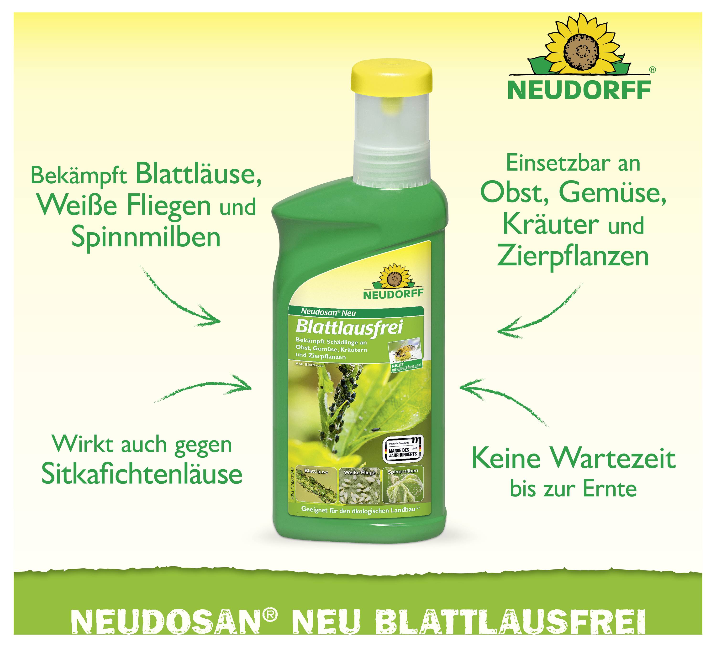 Werbeanzeige für Neudorff 'Neudosan Neu Blattlausfrei': grüne Sprühflasche in der Mitte, wirksam gegen Blattläuse, Weiße Fliegen, Spinnmilben und Sitkafichtenläuse; für Obst, Gemüse, Kräuter und Zierpflanzen, ohne Wartezeit bis zur Ernte.