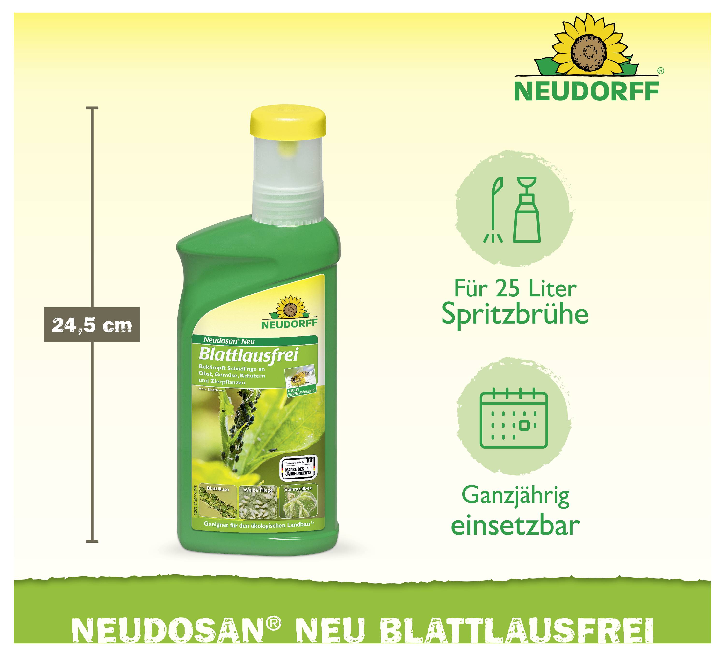 Produktabbildung eines grünen Neudorff-Blattlausfrei-Sprays, 24,5 cm hoch; reicht für 25 Liter Spritzbrühe und ist ganzjährig einsetzbar.