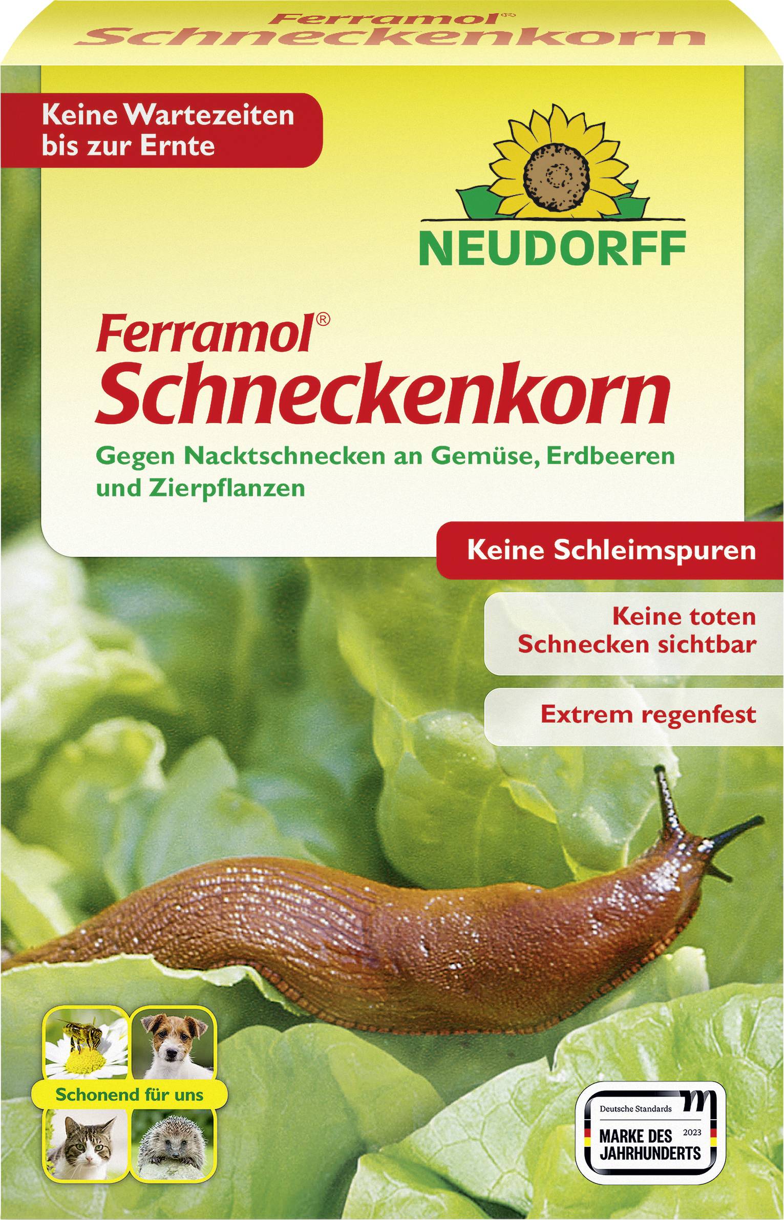 Packung von Ferramol Schneckenkorn Schneckenpellets von Neudorff, gegen Schnecken in Gemüse, Erdbeeren und Zierpflanzen. Enthält Aussagen über keine sichtbaren toten Schnecken und Regenfestigkeit.