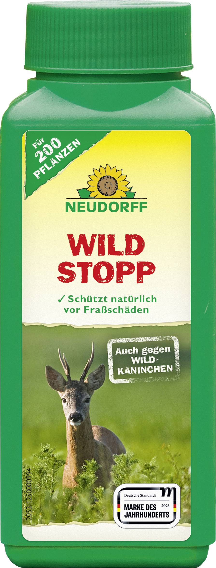Eine grüne Flasche mit dem Etikett „Neudorff Wild Stopp