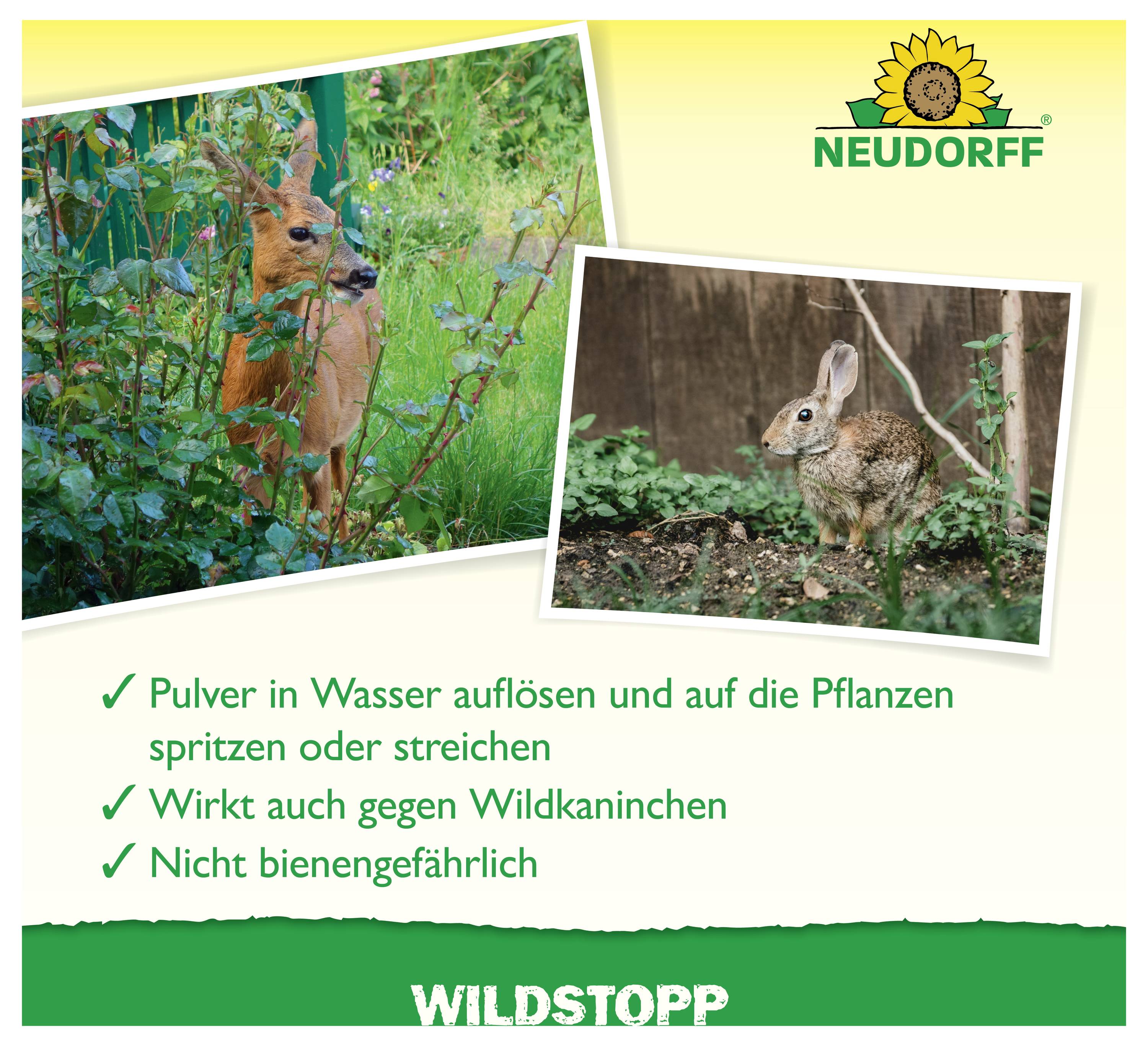 Werbeplakat für Neudorff Wildstop: Fotos von Reh und Wildkaninchen, dazu Hinweise 'Pulver in Wasser auflösen', 'wirkt auch gegen Wildkaninchen' und 'nicht bienengefährlich'.
