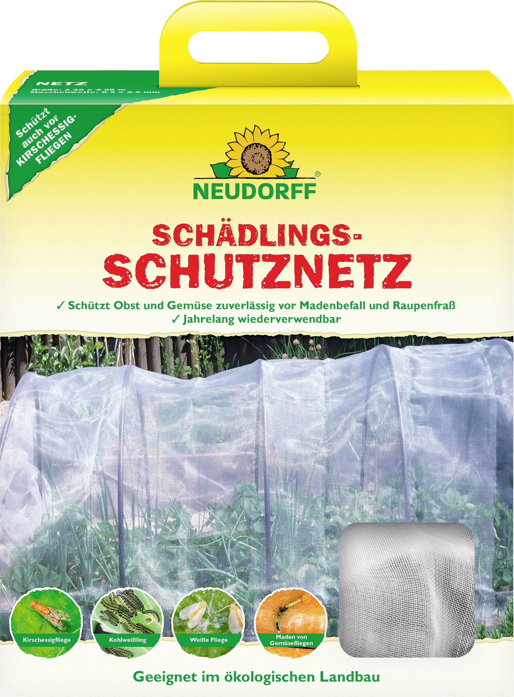 Vorderseite einer Verpackung für ein Pflanzenschutznetz von Neudorff mit einer Gartenszene, auf der Netze über Pflanzen gespannt sind. Der Text hebt Langlebigkeit und Wiederverwendbarkeit hervor.