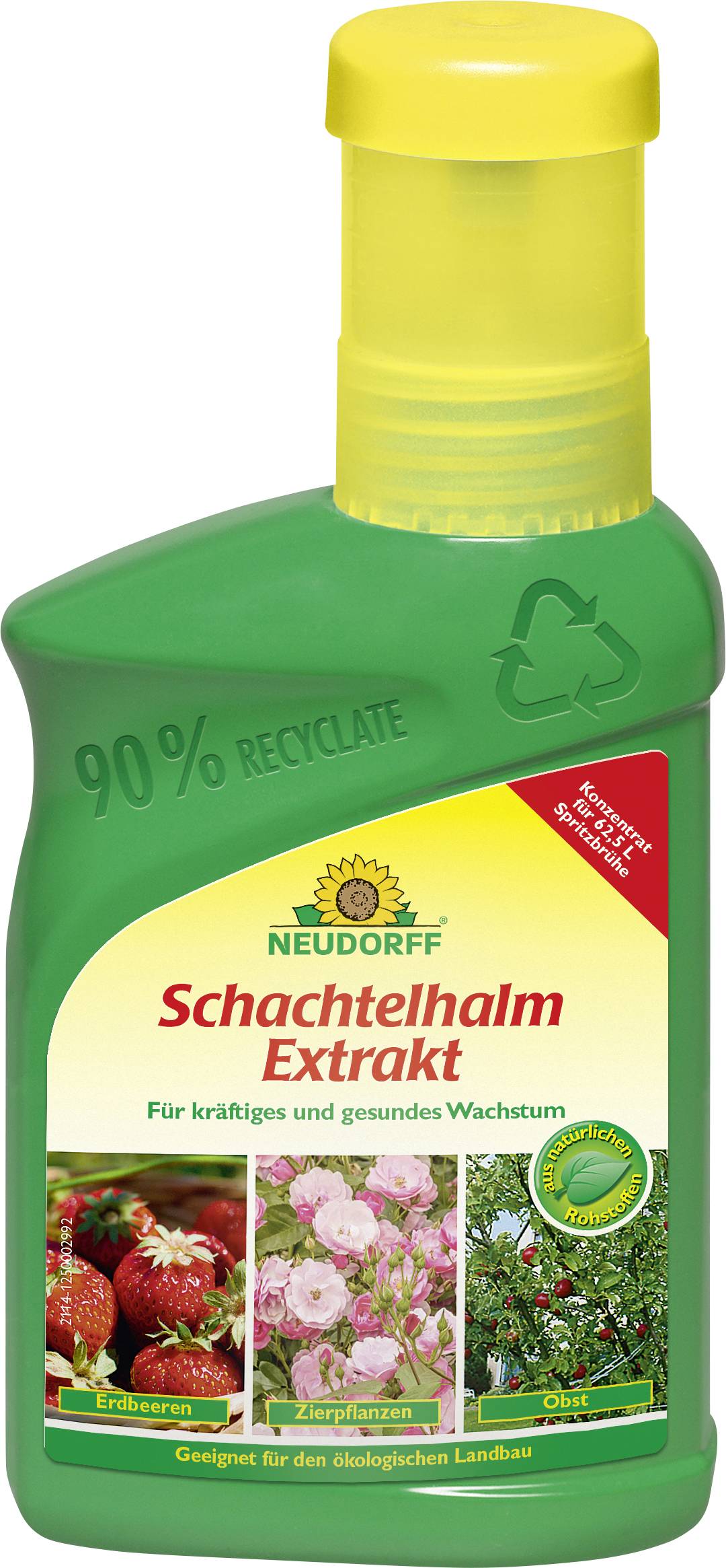 Eine grüne und gelbe Flasche mit 