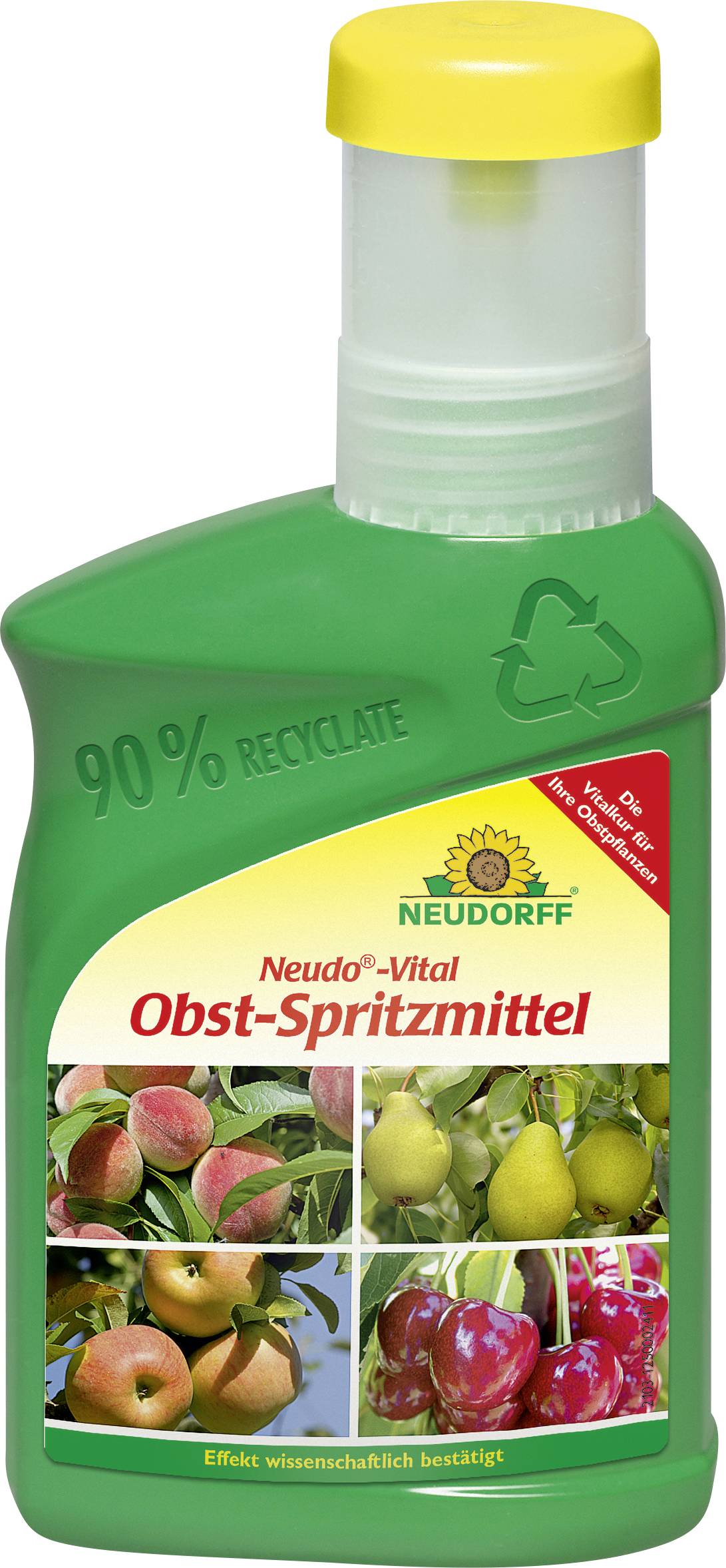 Grüne Flasche mit der Bezeichnung 'Neudorff Obst-Spritzmittel' mit Abbildungen von Früchten und gelbem Verschluss, mit einem 90%-Recycling-Symbol.