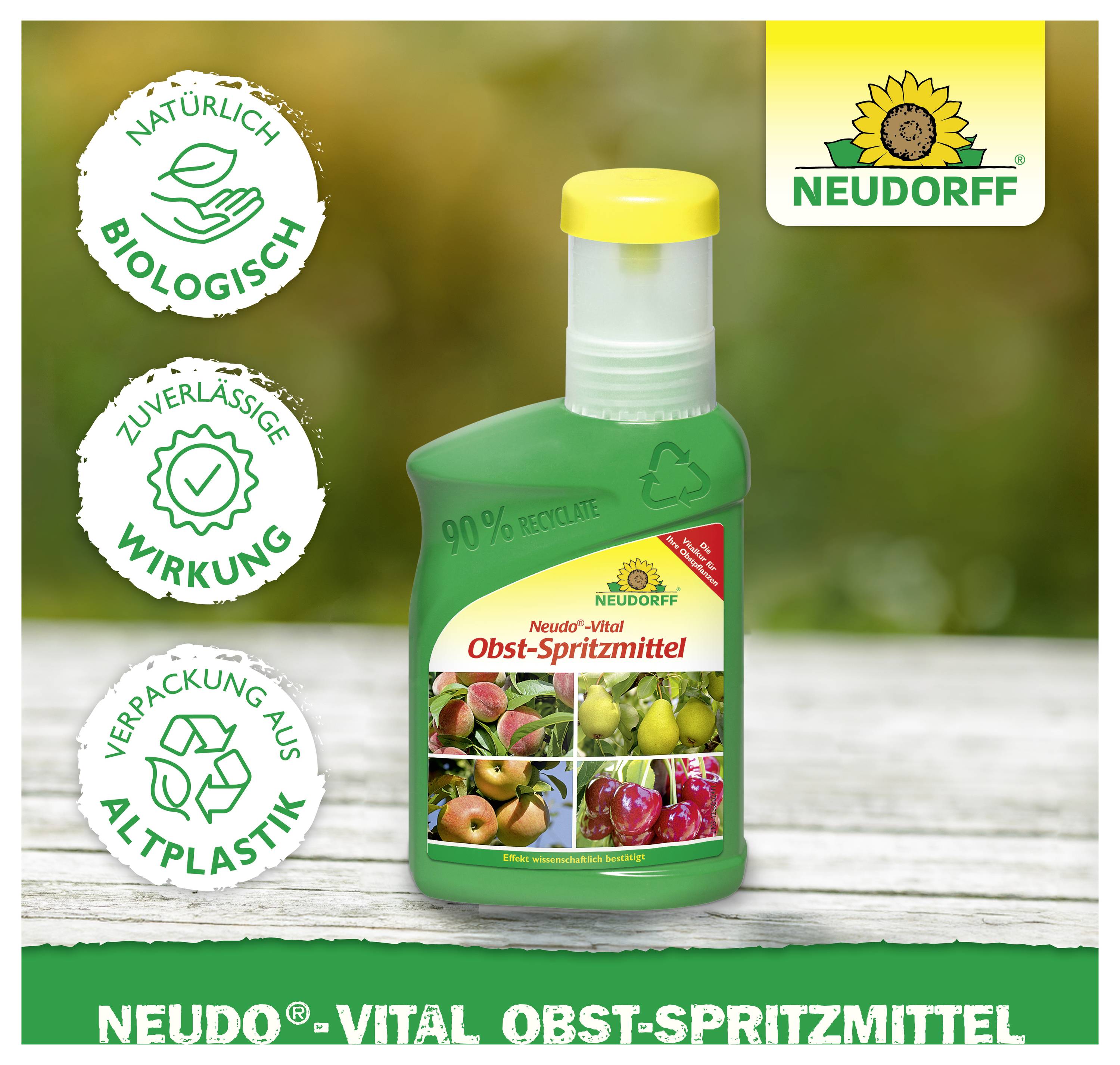 Werbebild für NEUDORFF Neudo-Vital Obst-Spritzmittel: grüne Flasche mit gelbem Verschluss, daneben Siegel 'Natürlich biologisch', 'Zuverlässig Wirkung' und 'Verpackung aus Altplastik'.