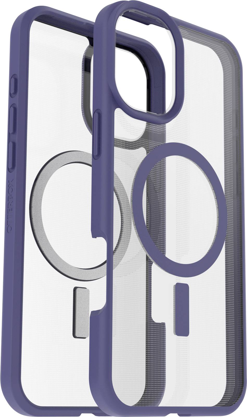 Eine transparente Handyhülle mit blauem Rand, mit einem kreisförmigen MagSafe-Ring ausgestattet, konzipiert für die Kompatibilität mit kabelloser Ladetechnik.