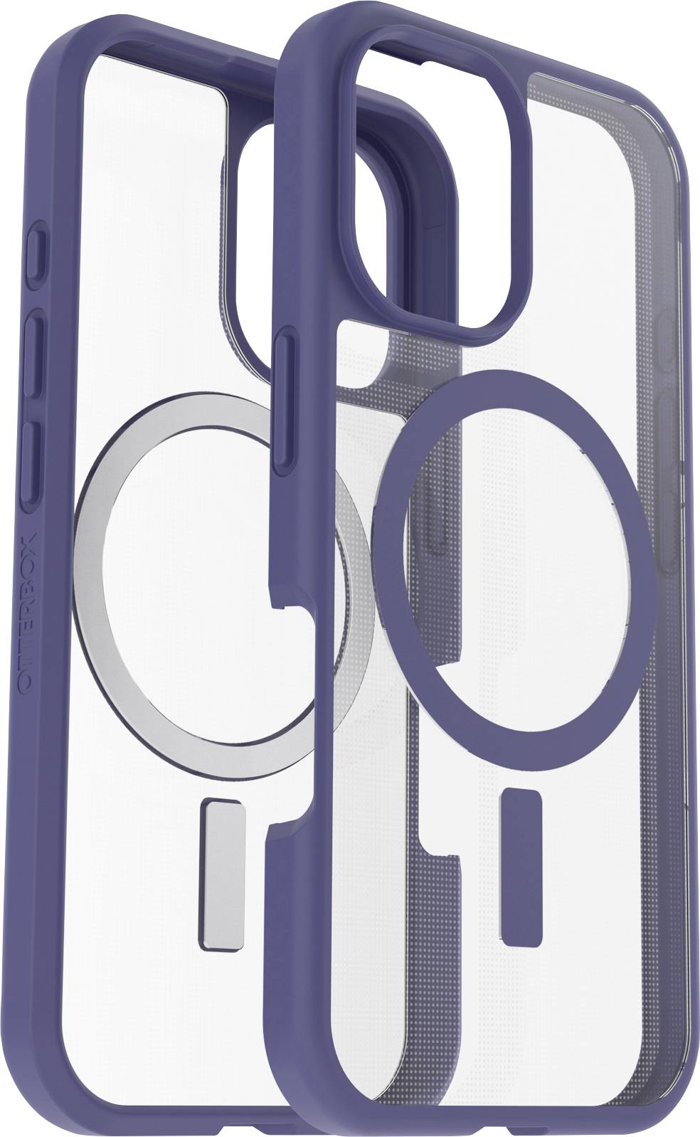 Zwei transparente Smartphone-Hüllen mit blauen Kanten, jede mit einem kreisförmigen magnetischen Ausrichtungsring für MagSafe-Kompatibilität.