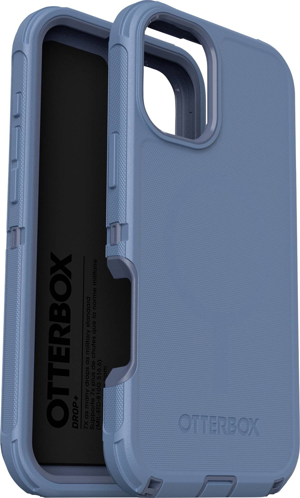 Ein blaues OtterBox Handyhülle mit strukturierten Seiten für zusätzlichen Halt; leicht geöffnet gezeigt, um die innere Polsterung und das Markenlogo zu offenbaren.