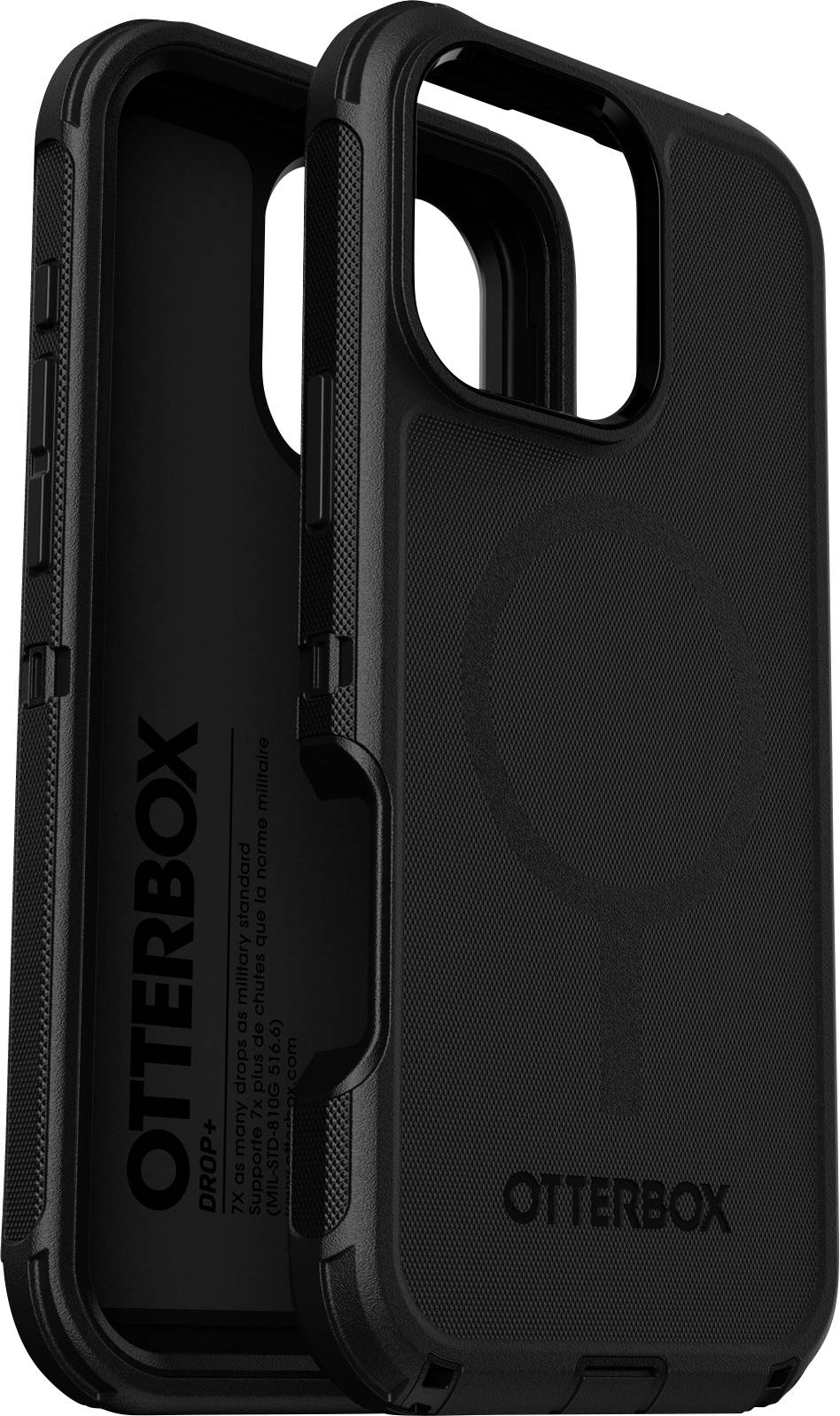 Schwarze OtterBox iPhone-Hülle mit MagSafe-Kompatibilität, die robuste Verarbeitung und präzise Ausschnitte für Tasten und Kamera zeigt.
