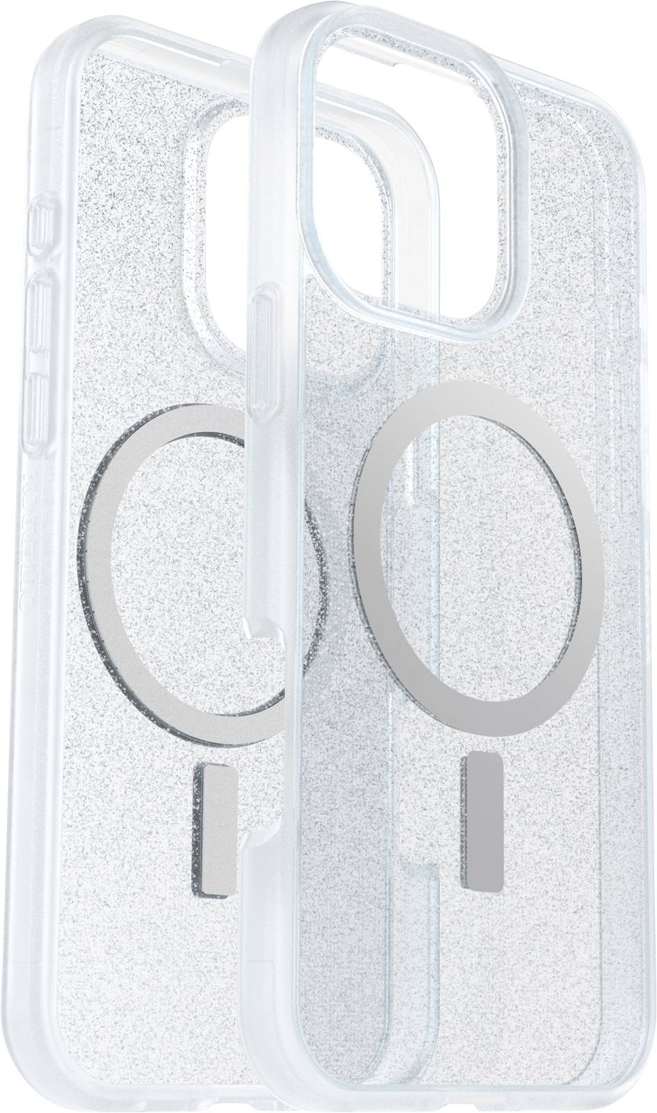 Zwei glitzernde Handyhüllen mit MagSafe-Ringen, entworfen für klare Sichtbarkeit der Funktionen des Telefons, gezeigt auf weißem Hintergrund.