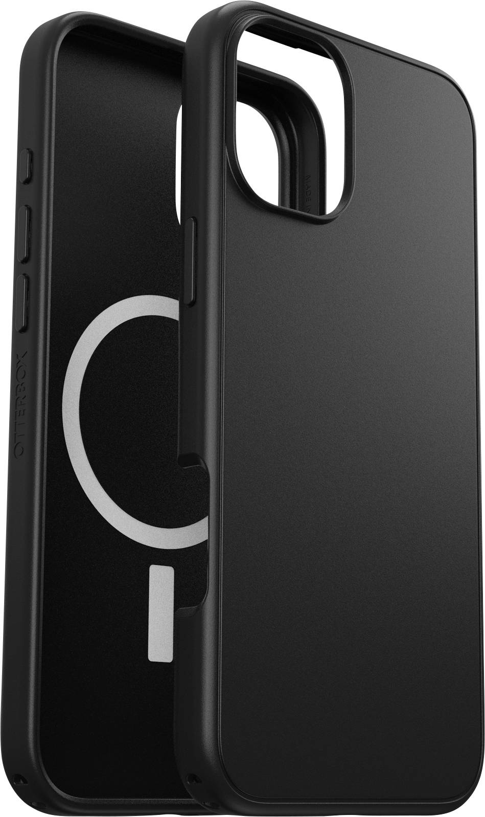 Eine schwarze OtterBox-Handyhülle mit Magsafe-Kompatibilität, mit minimalistische Gestaltung.
