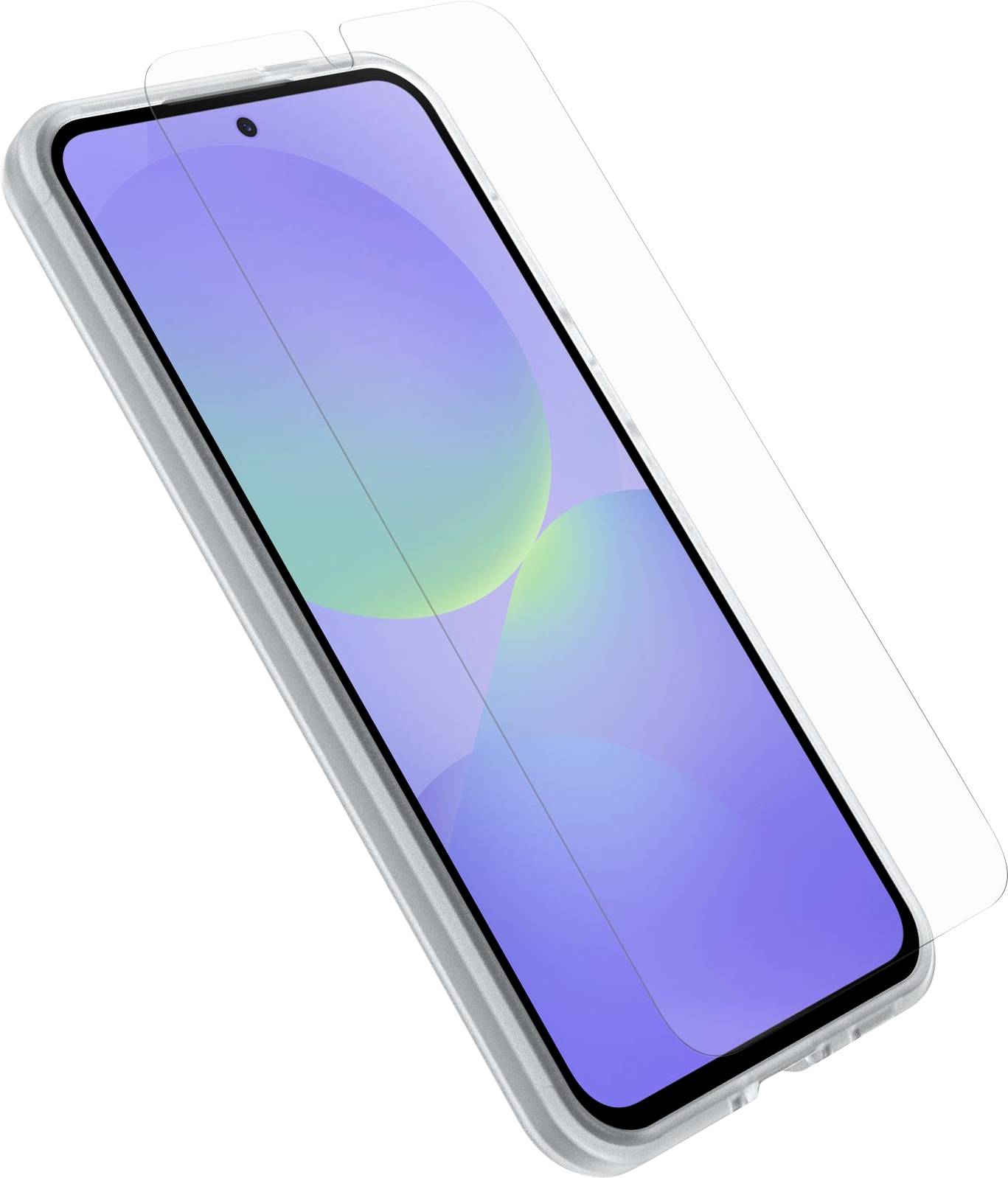 Ein Smartphone mit blauem und grünem Farbverlauf auf dem Bildschirm, im Winkel positioniert, zeigt einen transparent angebrachten Displayschutz, der teilweise angelegt ist.