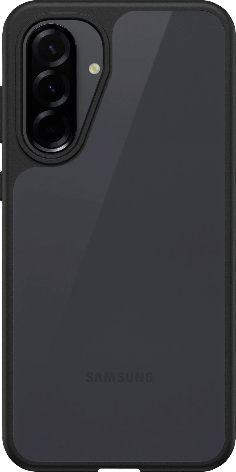 Schwarzes Samsung Galaxy-Telefon mit dreifacher Kameraanordnung oben links.