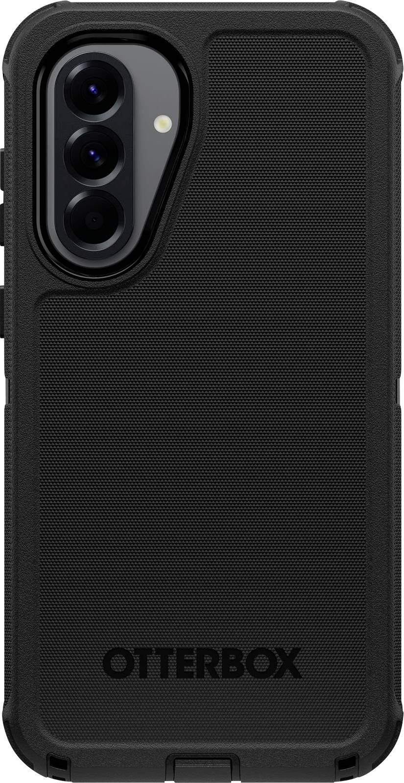 Ein schwarzes Telefoncase mit verstärkten Ecken und strukturierter Rückseite, das unten das Wort „OtterBox