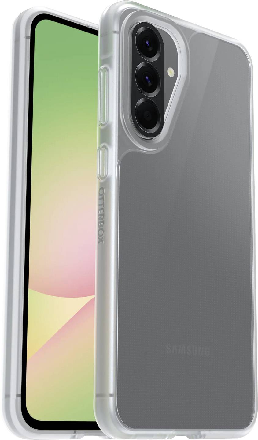 Zwei durchsichtige Smartphone-Hüllen, von vorne und hinten gezeigt, mit einer grauen Samsung-Handyhülle mit dreifachem Kameraausschnitt.