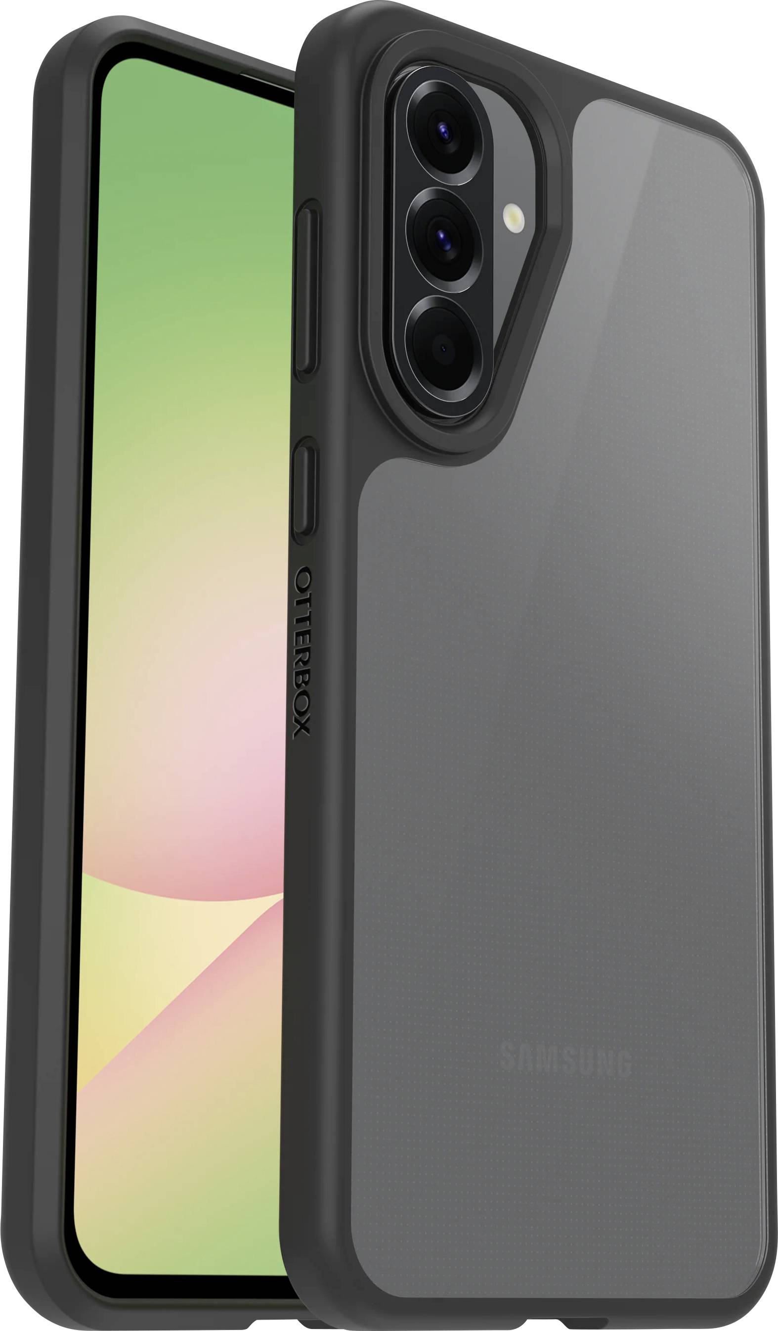 Schwarzes robustes Samsung-Handyhüllencase, das auf einem Smartphone gezeigt wird, mit erhöhten Kanten und dreifachem Kameraausschnitt auf der Rückseite.
