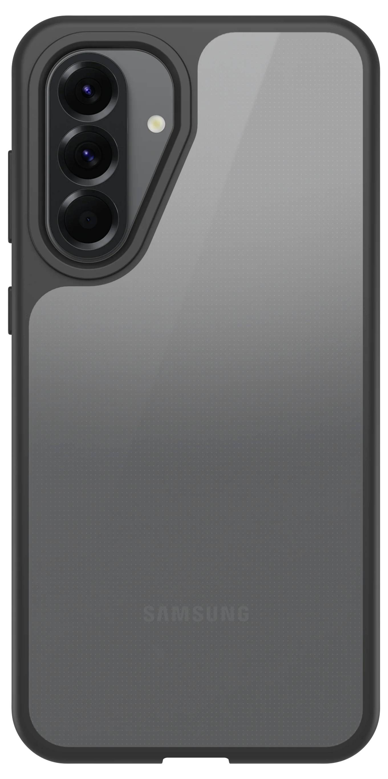 Schwarze Samsung-Smartphone-Hülle mit erhöhtem Kameraausschnitt für dreifache hintere Linsen und Blitz, von hinten gezeigt.