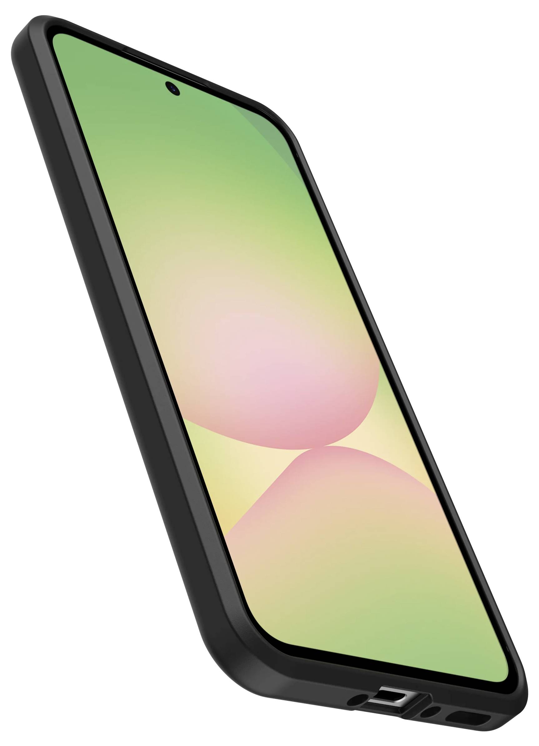 Schwarzes Smartphone in Schrägansicht mit farbenfrohem Gradient-Display und zentrierter Front-Kamera-Aussparung in einer Schutzhülle.