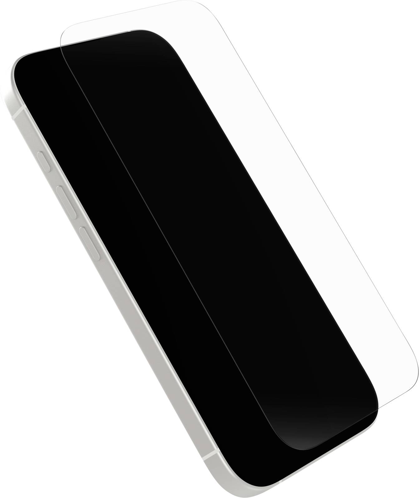 Geneigtes Smartphone mit teilweise angebrachtem Displayschutz, das die Seitentasten des Telefons zeigt und Licht reflektiert.