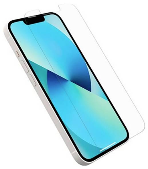 Ein Smartphone mit einer türkisen und blauen abstrakten Tapete. Ein transparenter Displayschutz liegt auf dem Bildschirm und ist leicht geöffnet.