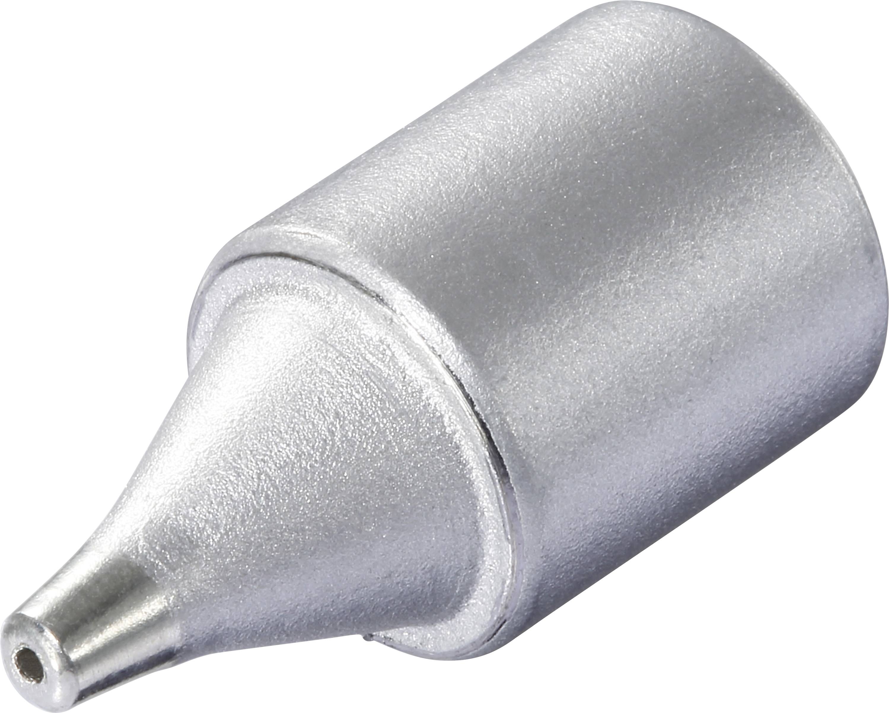 Eine Nahaufnahme einer metallischen Lötkolbenspitze, zylindrisch mit zugespitztem Ende, hergestellt aus glänzendem, leitendem Material.