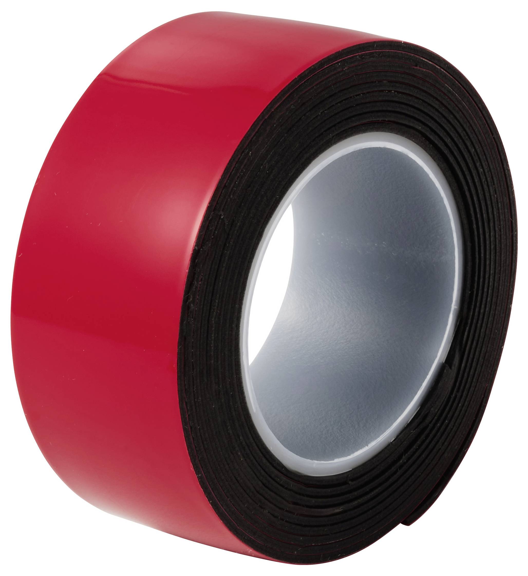 Rolle rotes Klebeband mit schwarzem Innenkern, isoliert auf weißem Hintergrund dargestellt.