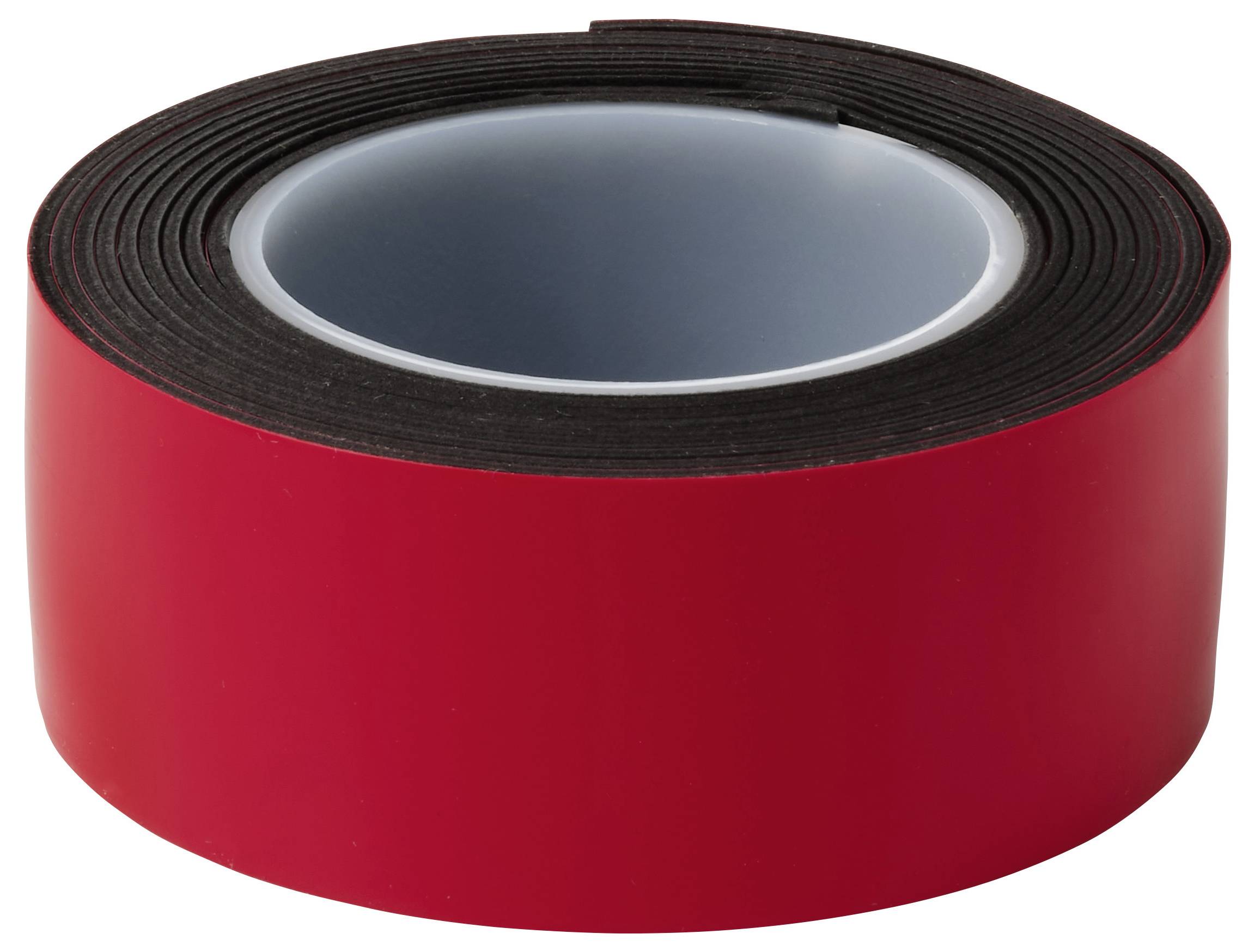 Eine Rolle rotes Klebeband mit einem dunklen Innenkern auf weißem Hintergrund.