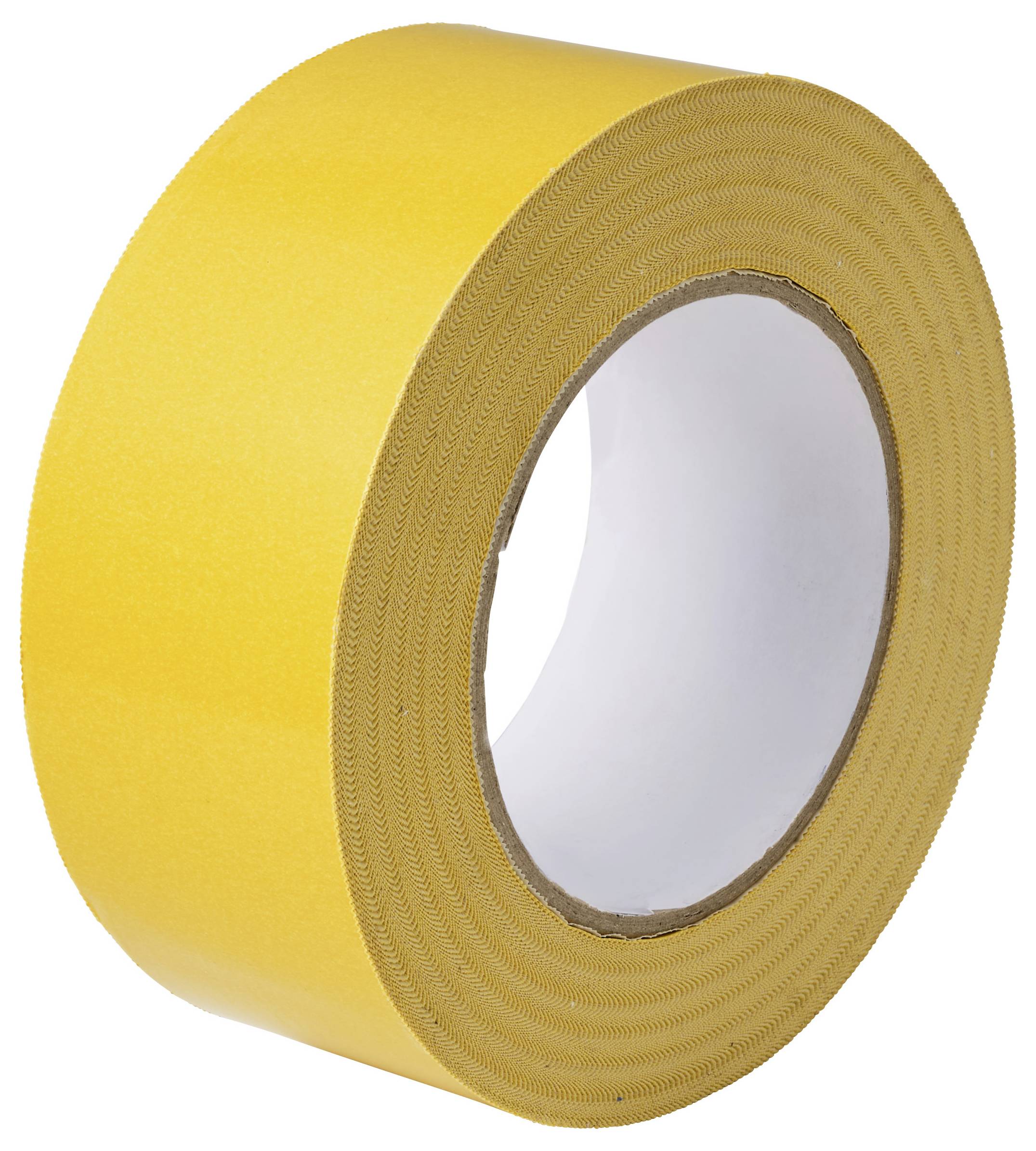 Eine Rolle breites gelbes Klebeband auf weißem Hintergrund.