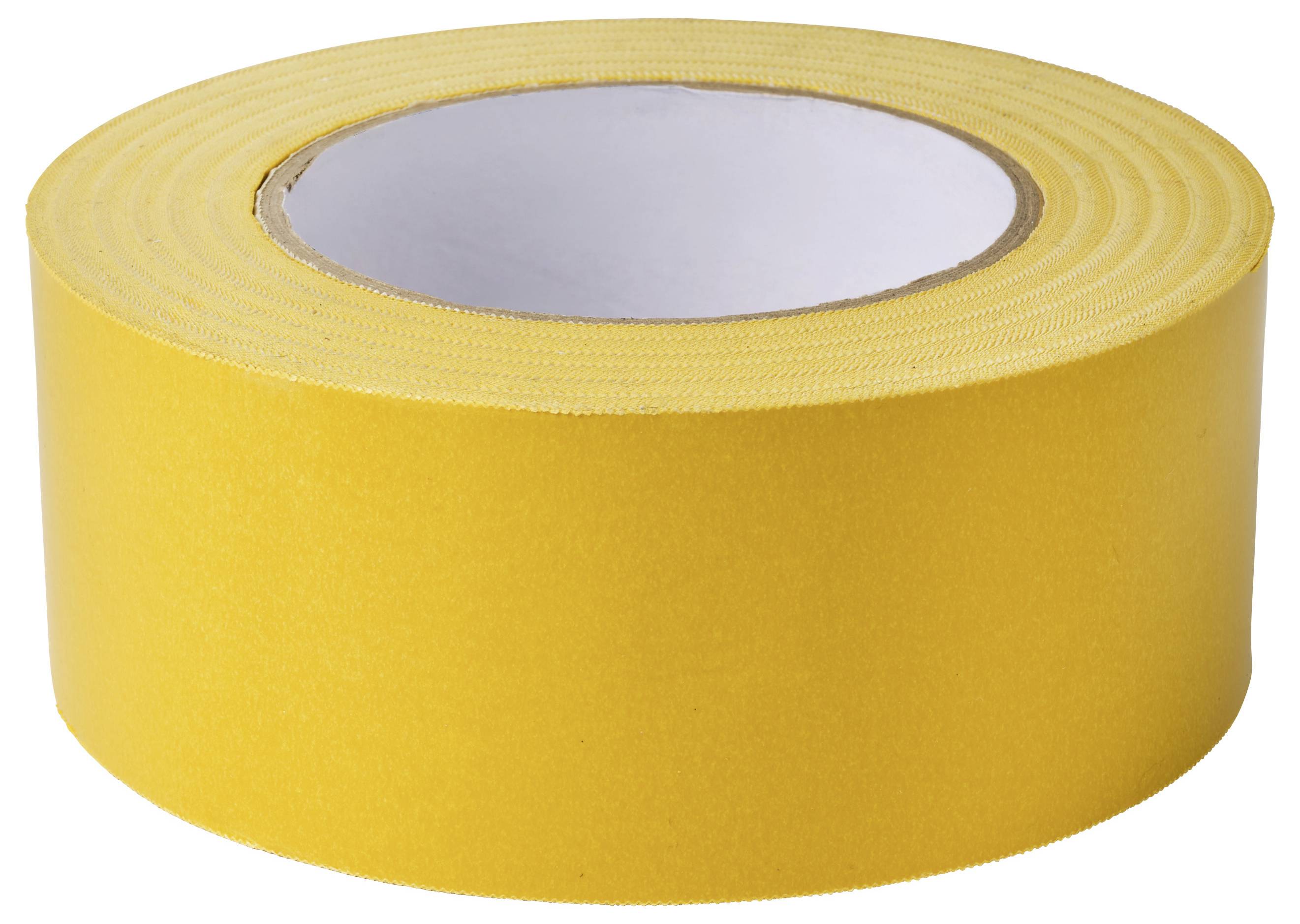 Eine Rolle glänzend gelbes Klebeband auf weißem Hintergrund.