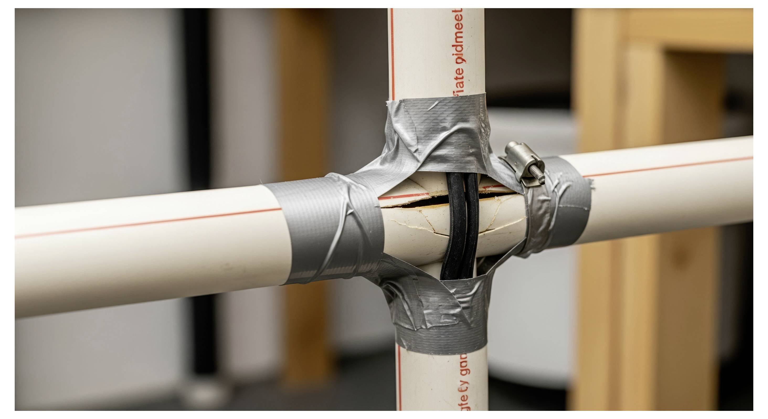 Nahaufnahme einer PVC-Rohrkupplung, die mit silbernem Isolierklebeband geflickt ist und eine kreuzförmige Verbindung in einer Werkstatt oder Versorgungsanlage sichert.