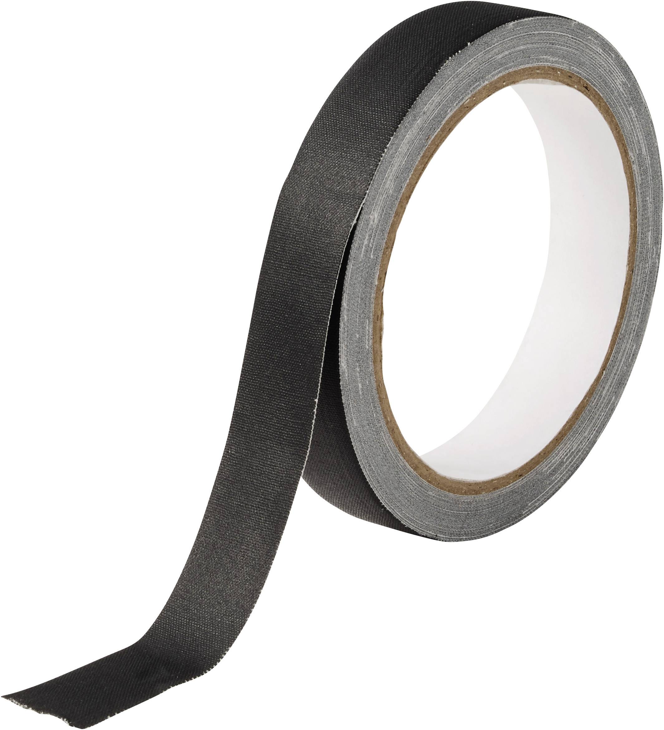 Eine aufrecht stehende Rolle schwarzes Klebeband auf weißem Hintergrund, mit einem lockeren Streifen, der vorne abgewickelt ist.