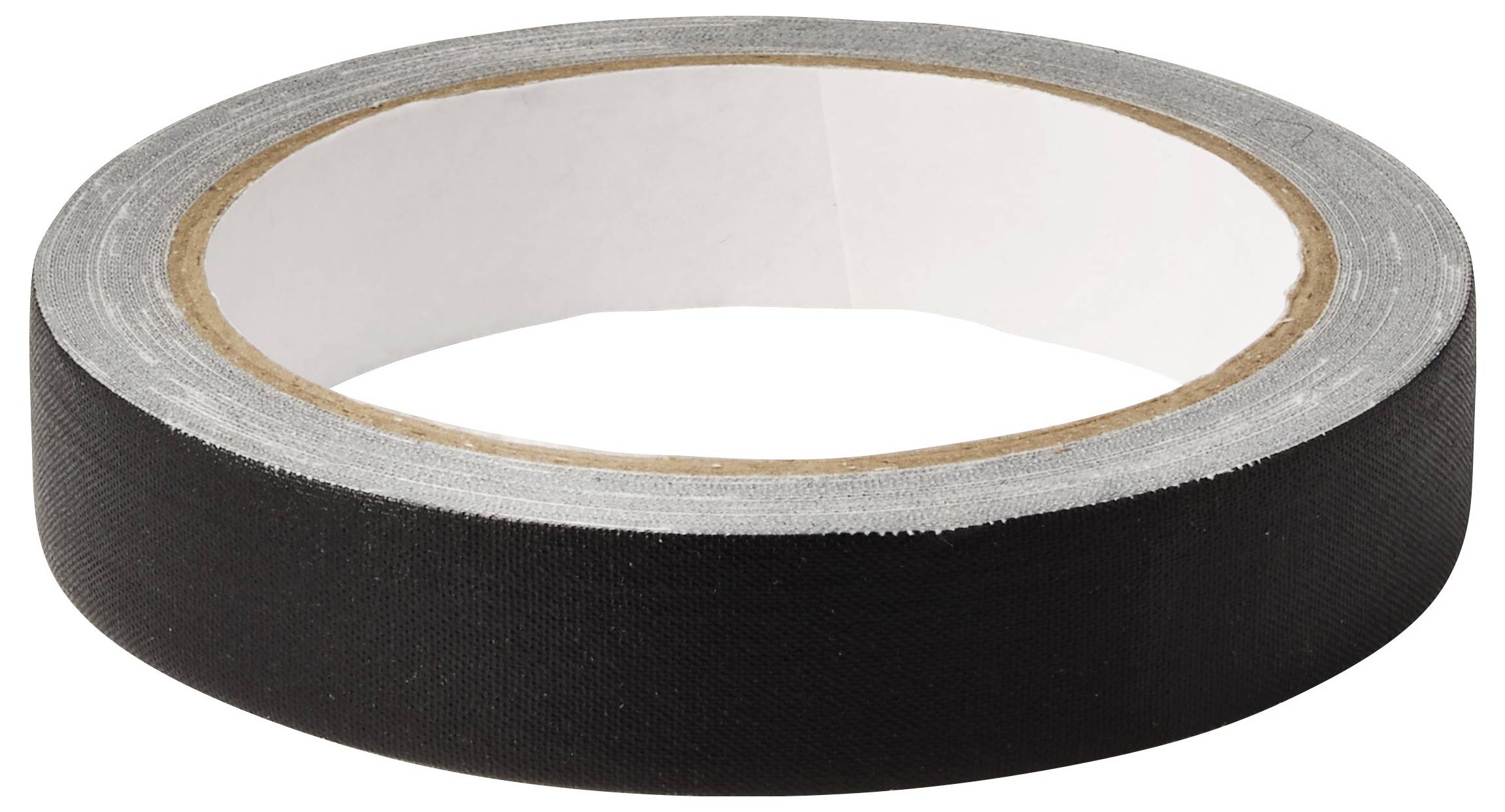 Eine Rolle schwarzes Klebeband, aus einem Winkel auf weißem Hintergrund betrachtet.