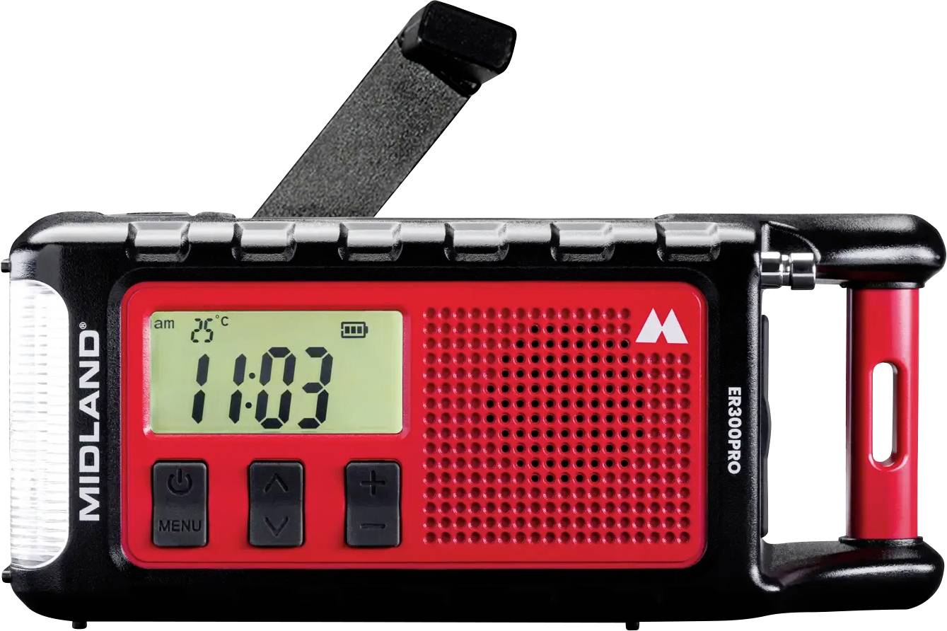 Rotes Notfallradio mit LCD-Display, das '11:03' und '25°C' anzeigt. Zu den Funktionen gehören eine Taschenlampe, eine Handkurbel und Tasten für Menü und Abstimmung.