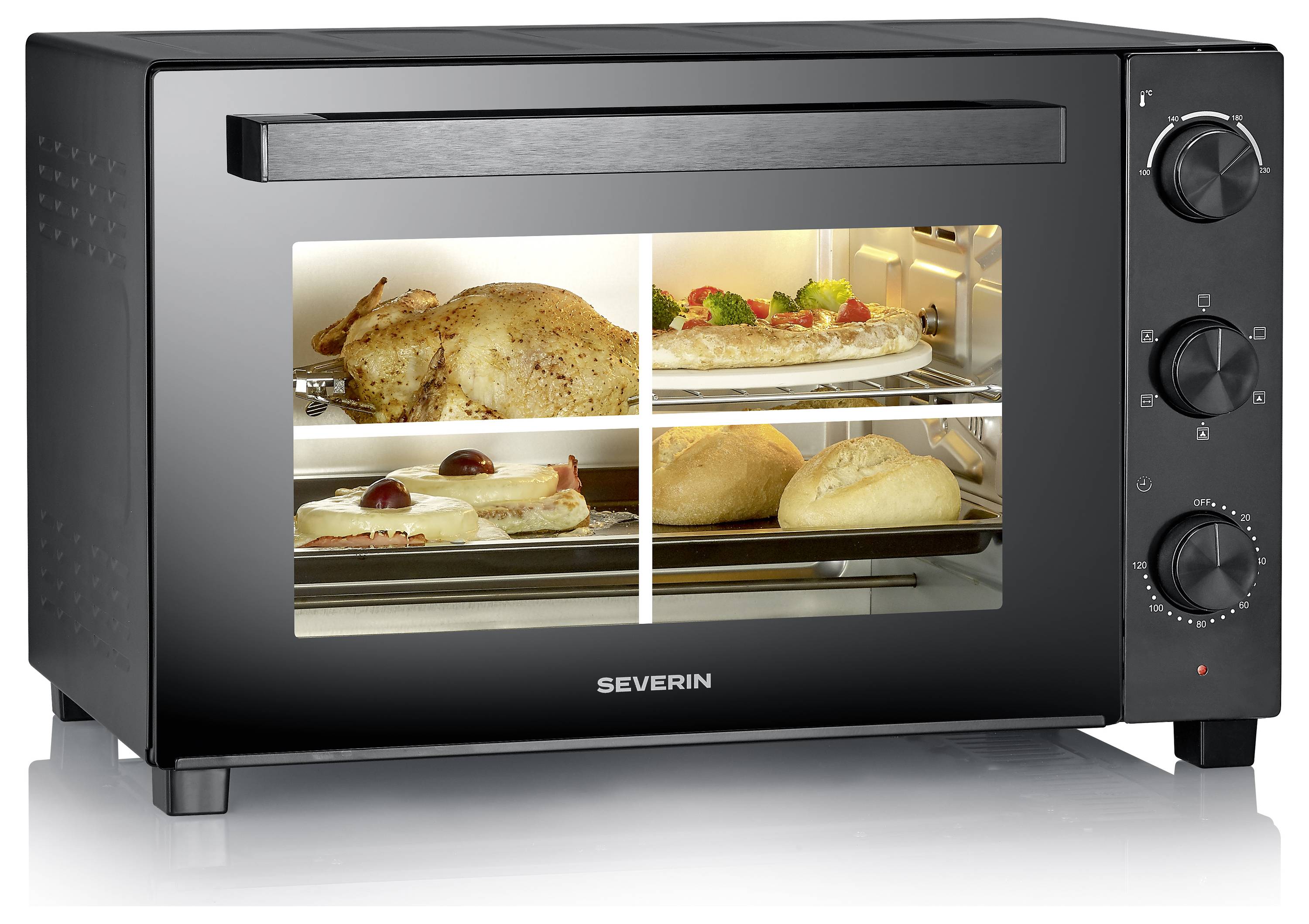 Severin 2076 Minibackofen mit Grillspieß, Timerfunktion, Temperaturvorwahl, Umluft-Funktion, mit Pizzastein 46 l