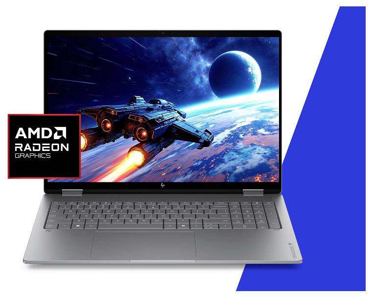 Ein Laptop mit einem lebendigen, weltraum-thematischen Bildschirm, der ein Raumschiff über einem Planeten anzeigt, mit einem „AMD Radeon Graphics