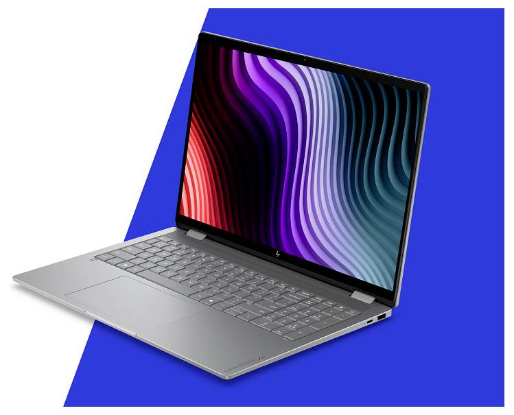 Ein Laptop, der bunte geometrische Formen auf dem Bildschirm anzeigt, begleitet von einem 