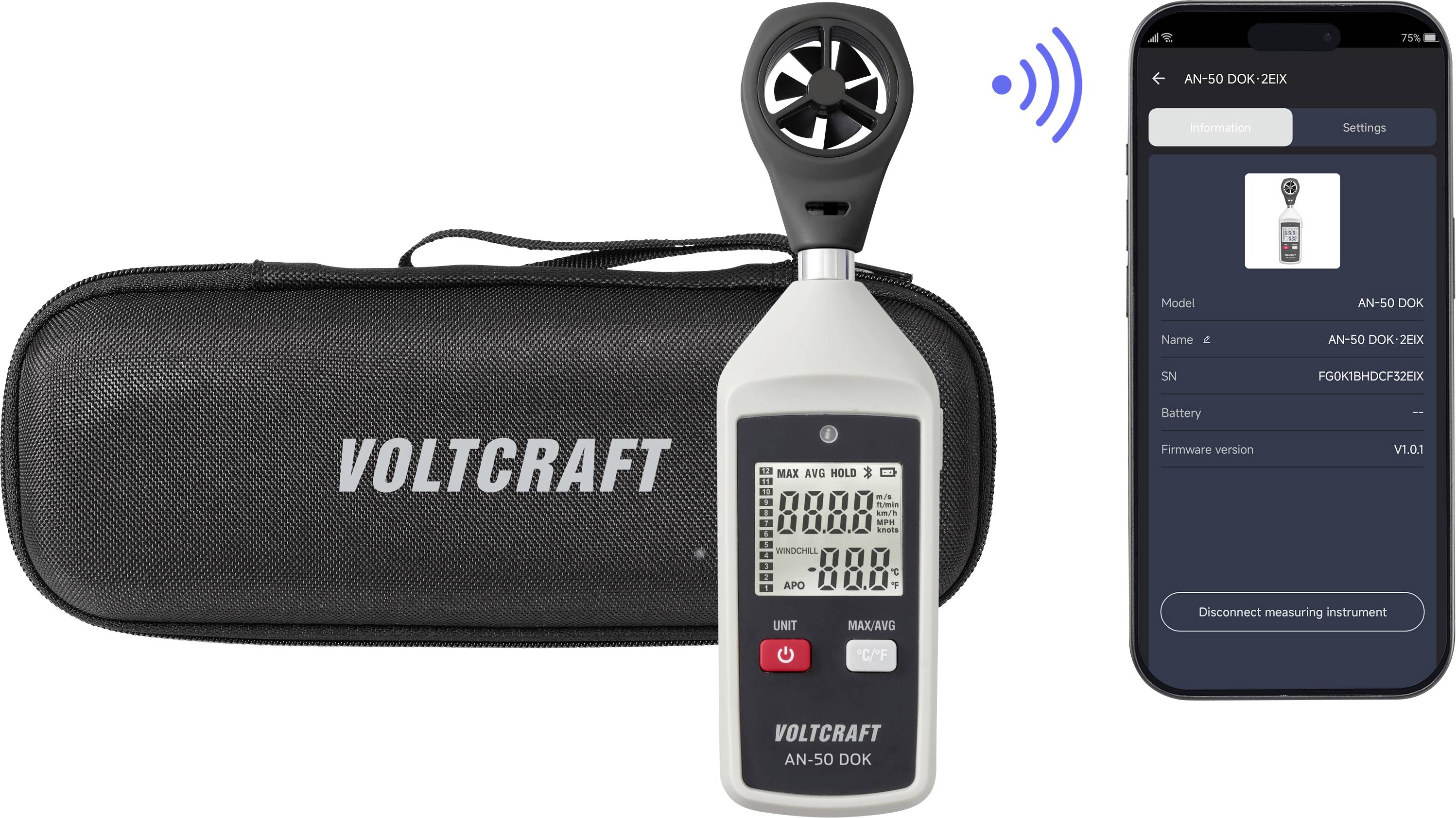 Tragbares VOLTCRAFT-Anemometer mit Tragetasche, das sich drahtlos mit einer Smartphone-App zur Messung der Windgeschwindigkeit verbindet.