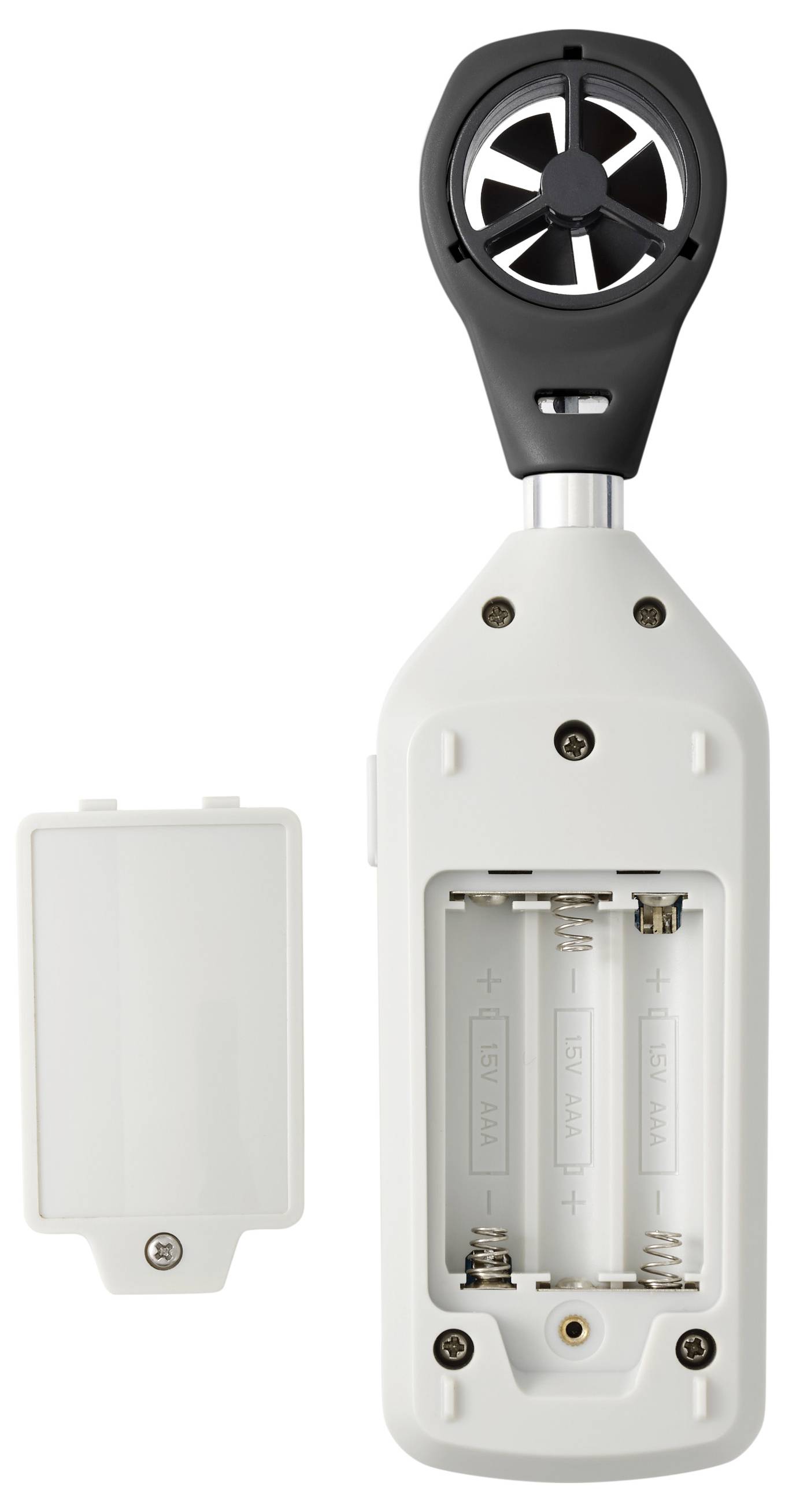 Tragbares digitales Anemometer mit Ventilator-Sensor und offenerem Batteriefach neben einer abnehmbaren Batterieverkleidung, das zeigt, wo die Batterien eingebaut werden.