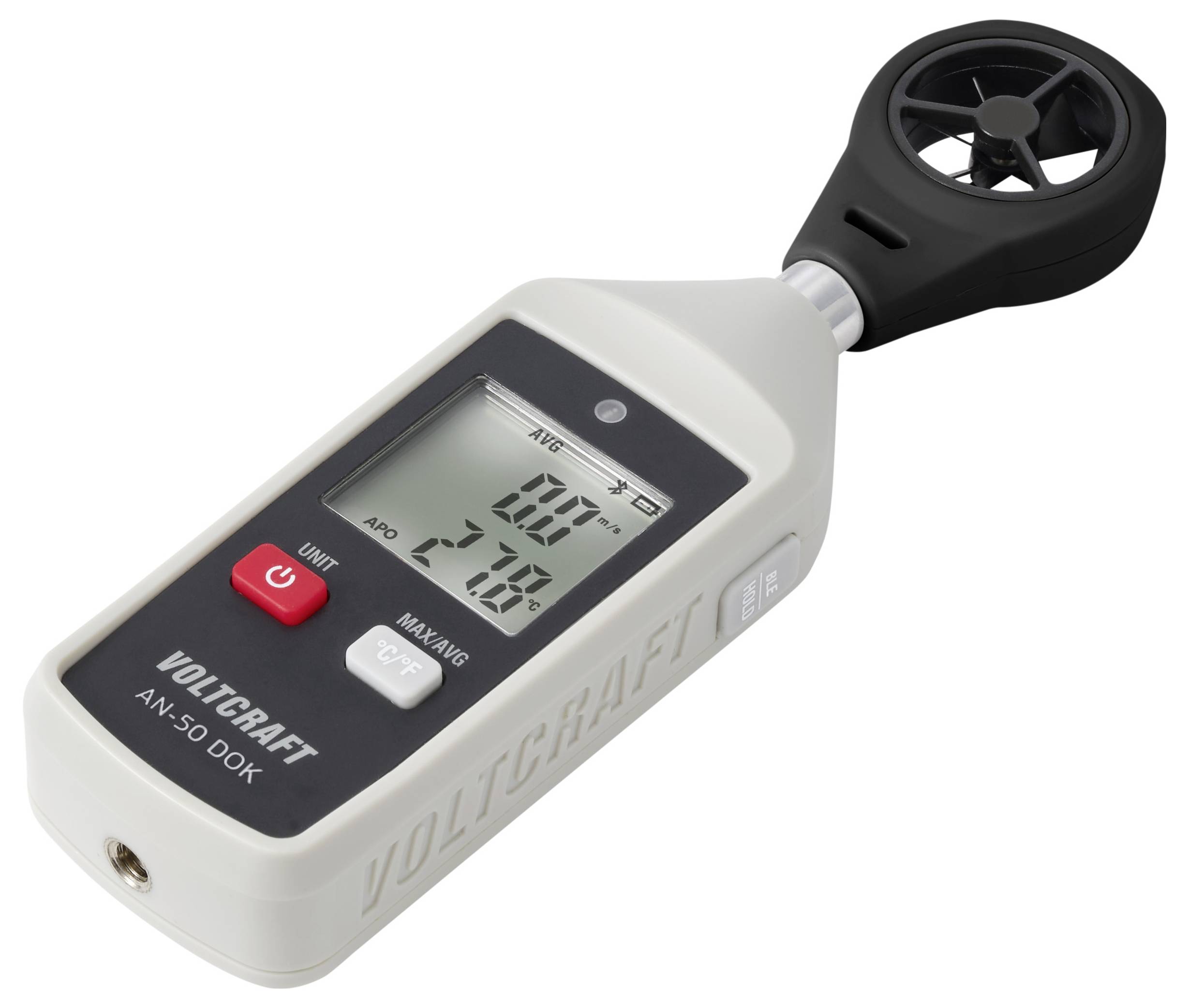 Digitales tragbares Anemometer mit Windgeschwindigkeitsanzeige in m/s, mit Ventilsensor und LCD-Display.