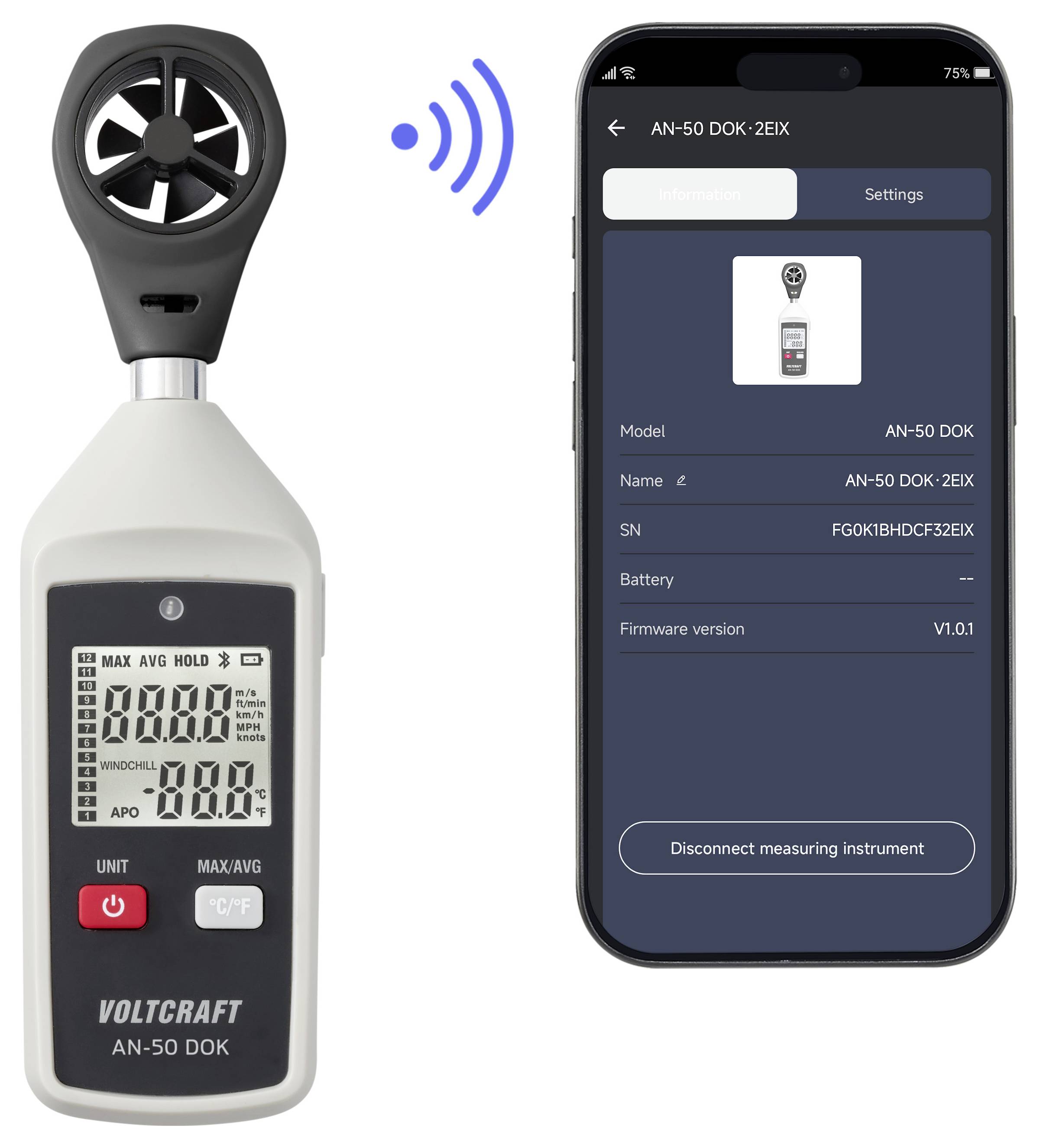 Tragbares VOLTCRAFT-Anemometer, das sich drahtlos mit einer Smartphone-App verbindet und Gerätedetails sowie eine Trennungstaste anzeigt.